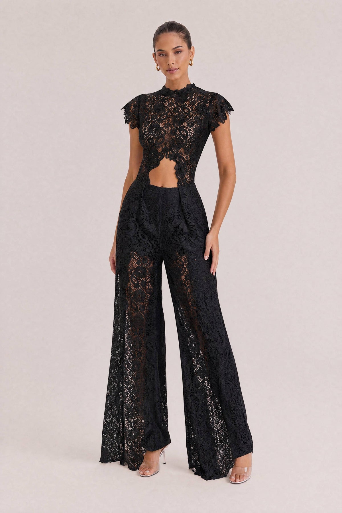 Lace Long-sleeved Top And Wide-leg Pants Set