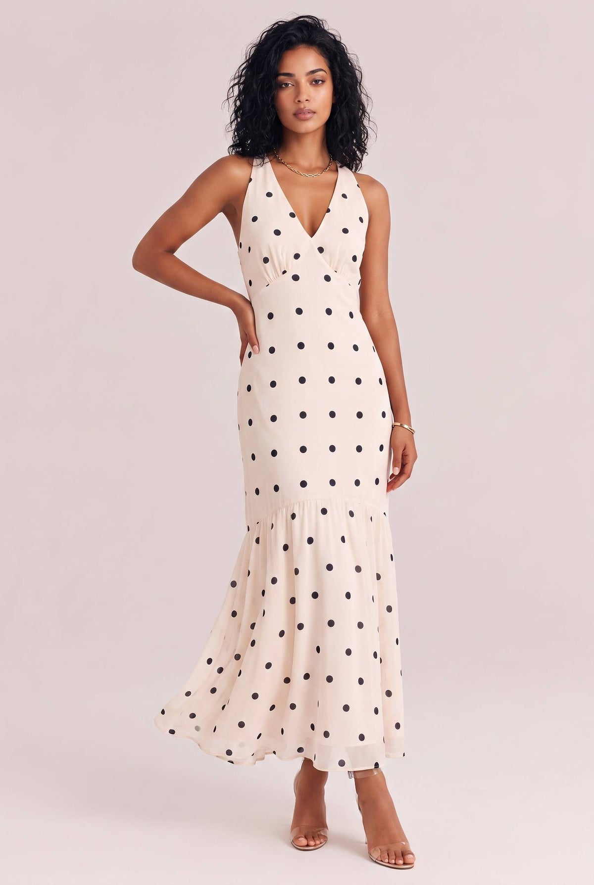 Elegant Polka Dot Ruffle Layered Chiffon Cape Maxi Dress