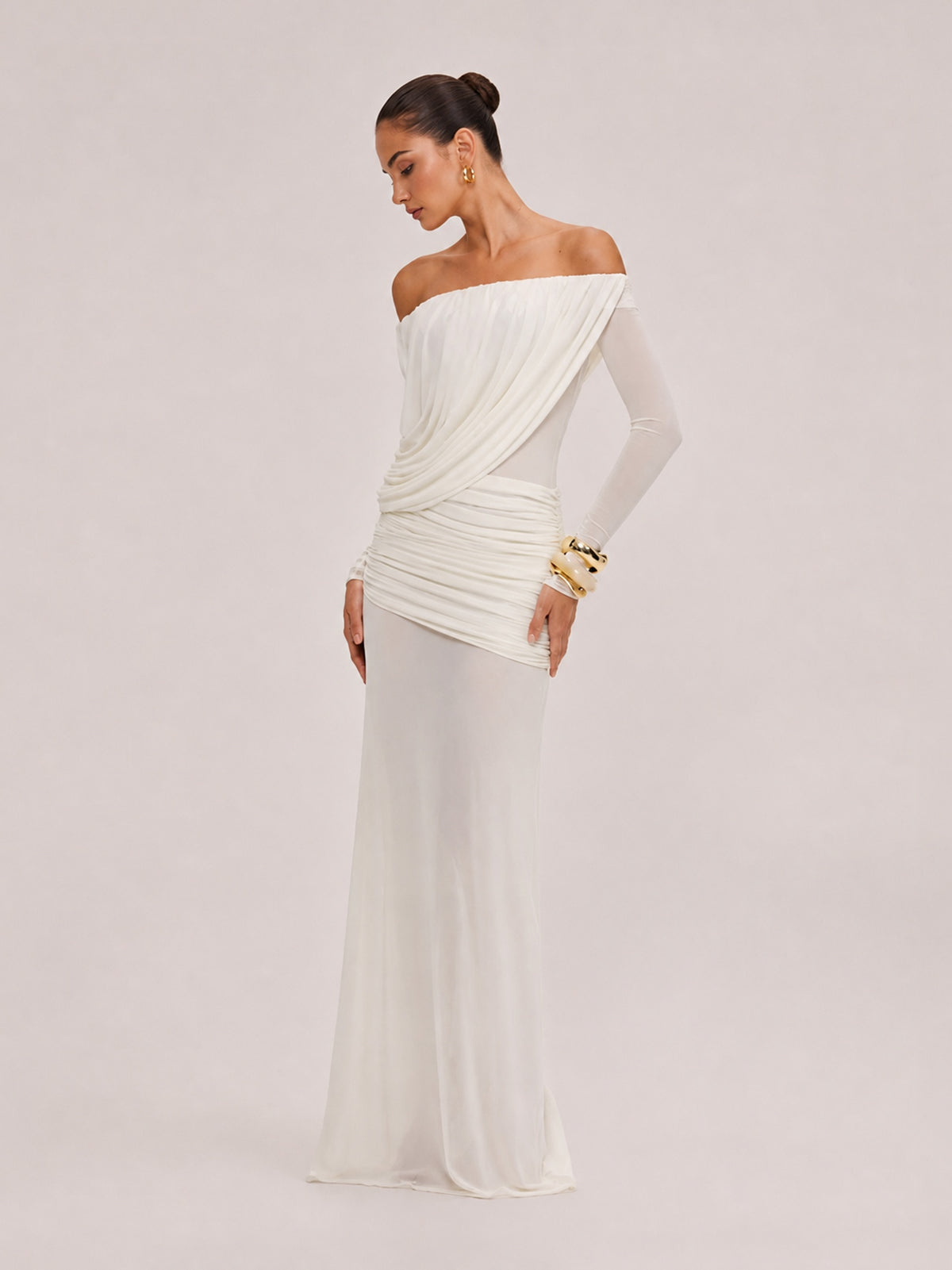 French Vintage Pleated Mesh One-Shoulder Dress