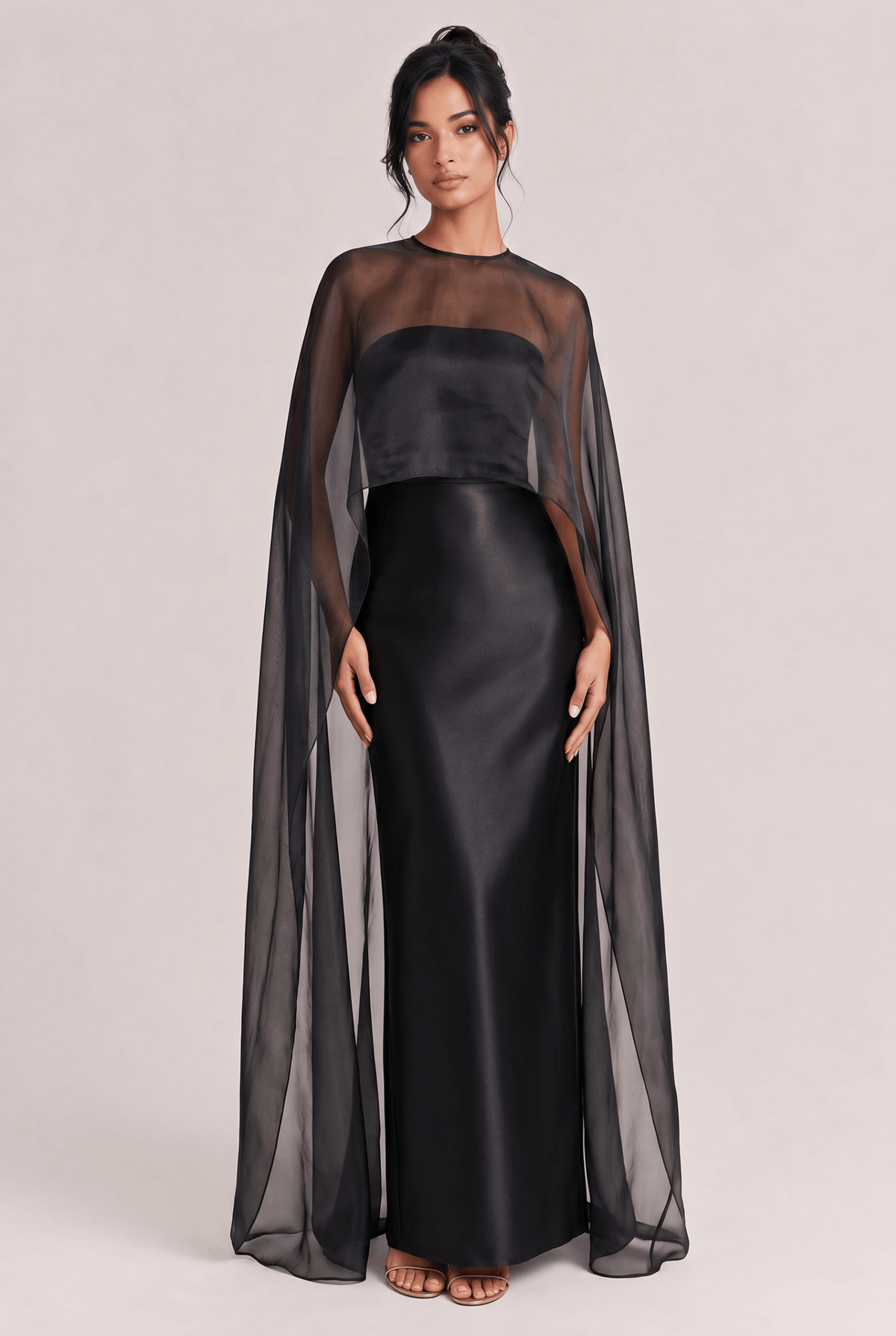 Elegant Sheer Cape Overlay Satin Maxi Dress