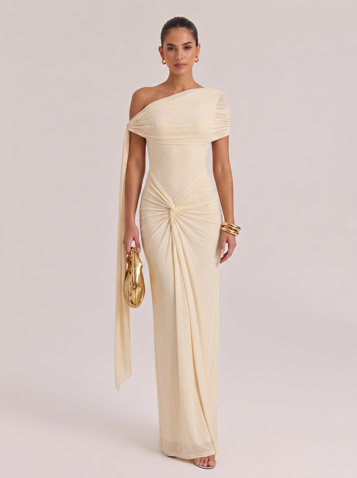 Slim-Fit Long Evening Gown With Slant Shoulder Waist And Pleated Waist