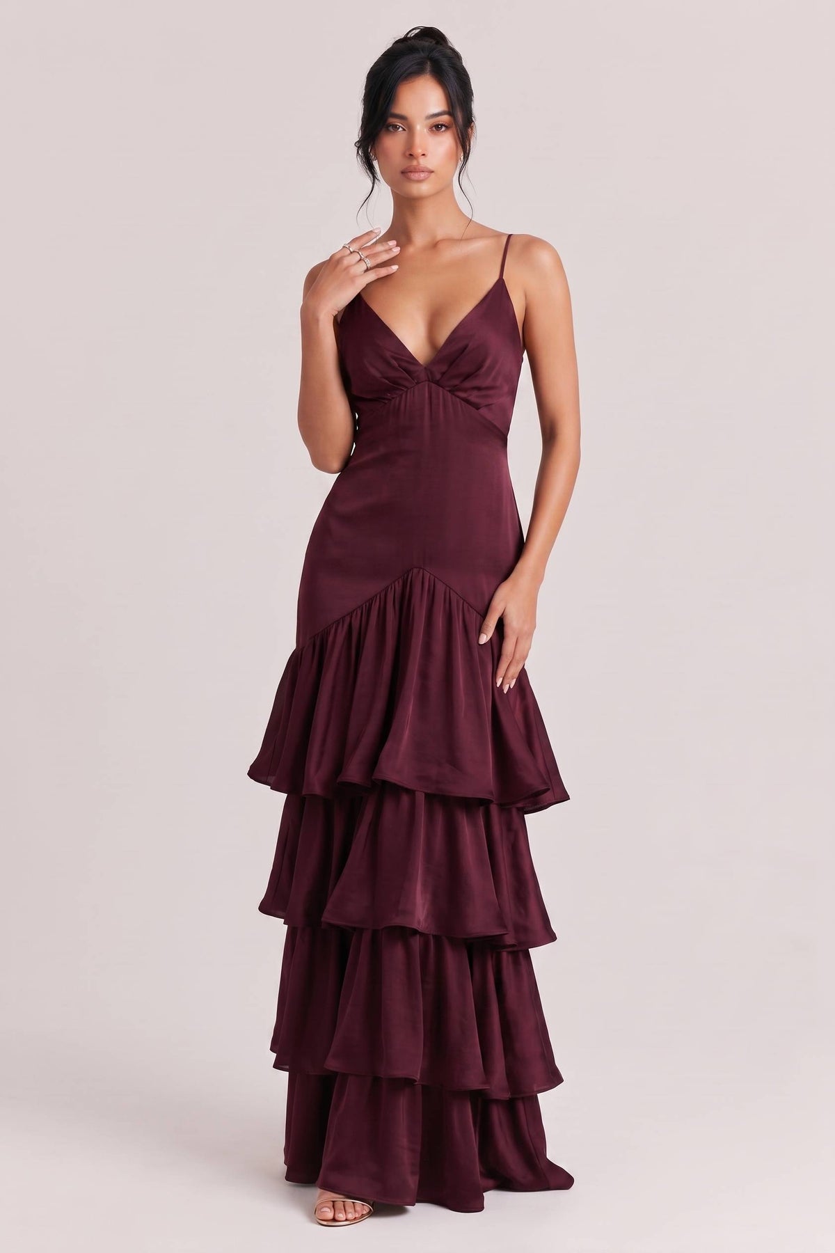 Elegant Deep V-Neck Tiered Ruffle Maxi Dress