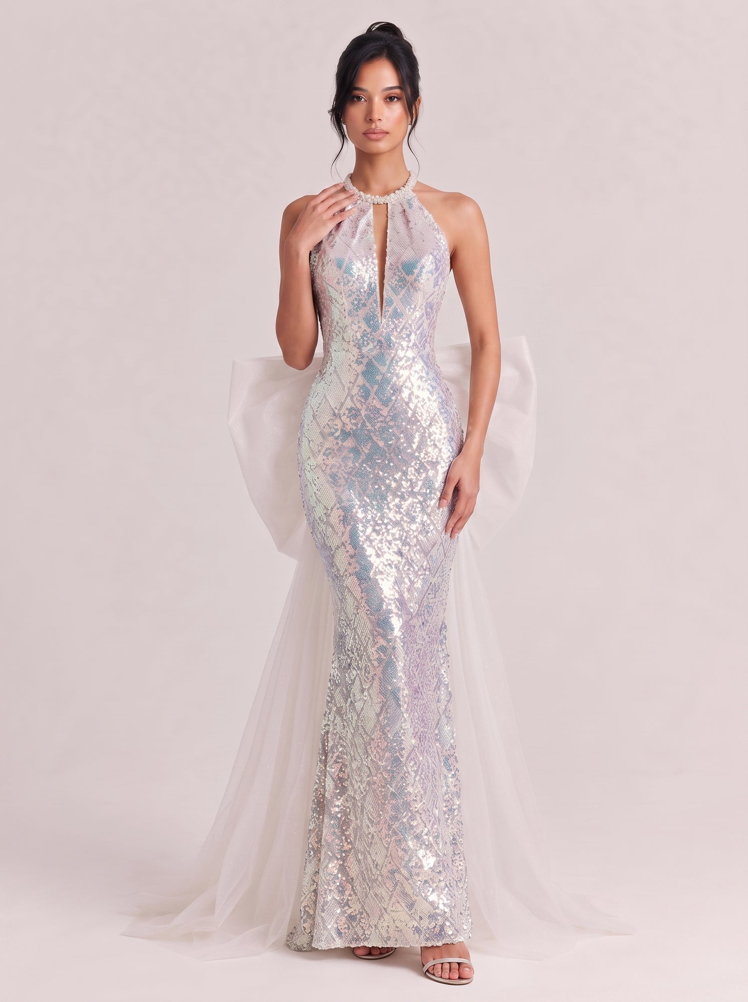 Phantom Sequins Hanging Neck Diamond Hollow-out Fishtail Dress Large Mesh Trailing Dress