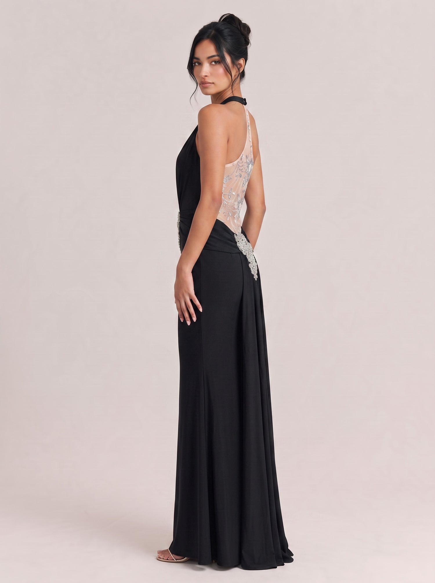 Hanging Neck Deep V Rhinestone Waist Look-through Split Slim-fit Black Fishtail Evening Dress