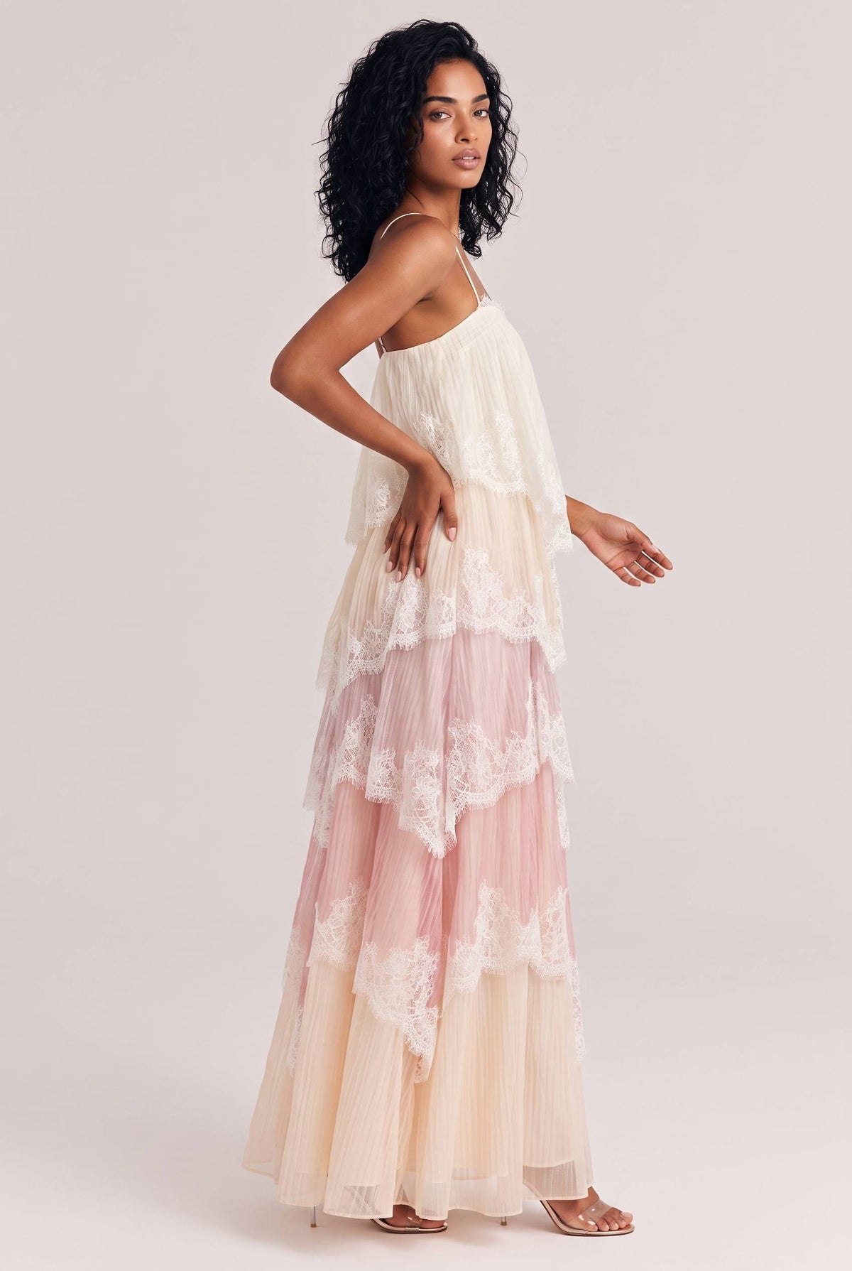 Ombre Tiered Lace Trim Spaghetti Strap Maxi Dress
