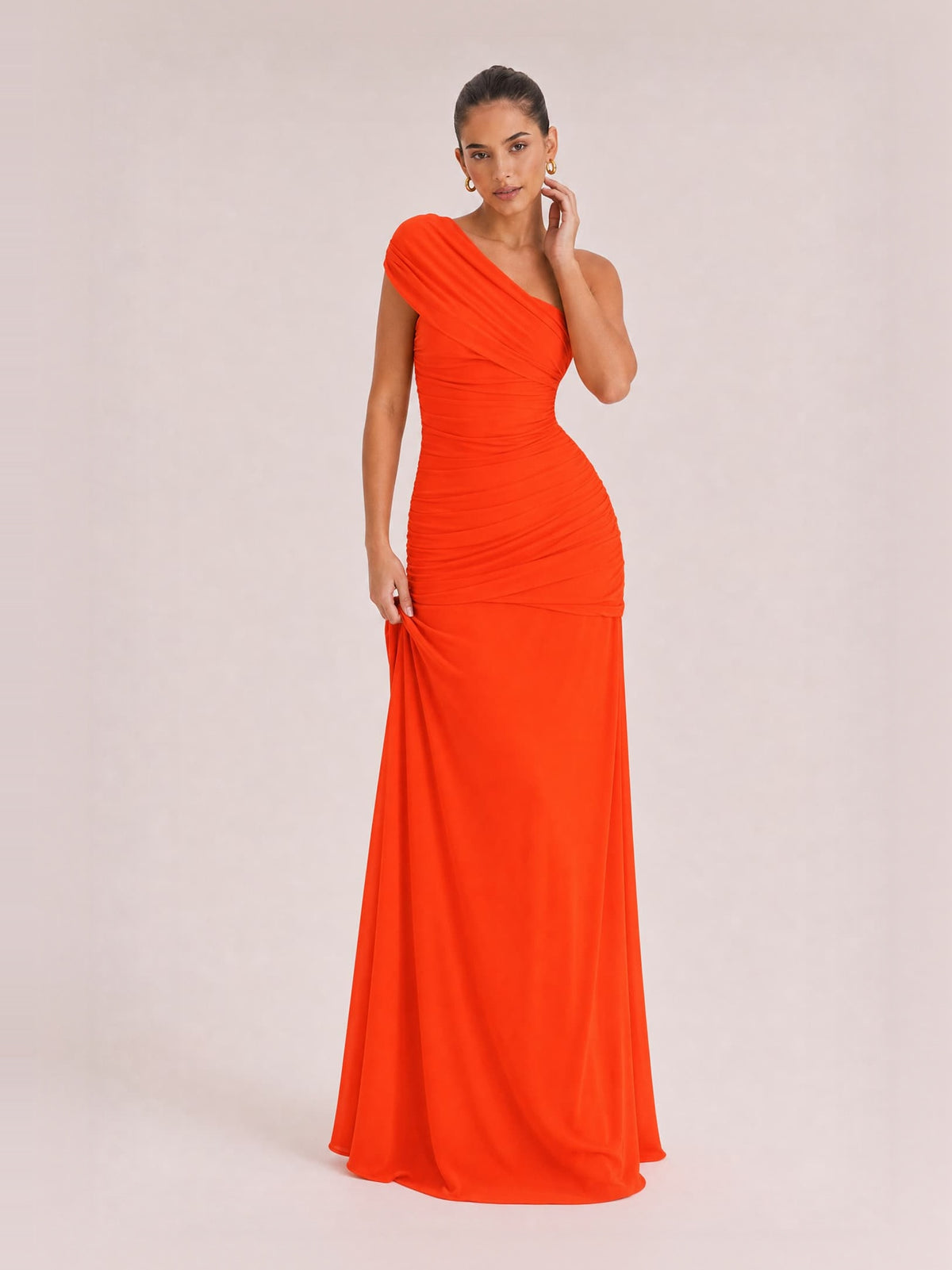 Elegance Effortless Mesh Off Shoulder Ruched Stretch Maxi Dress