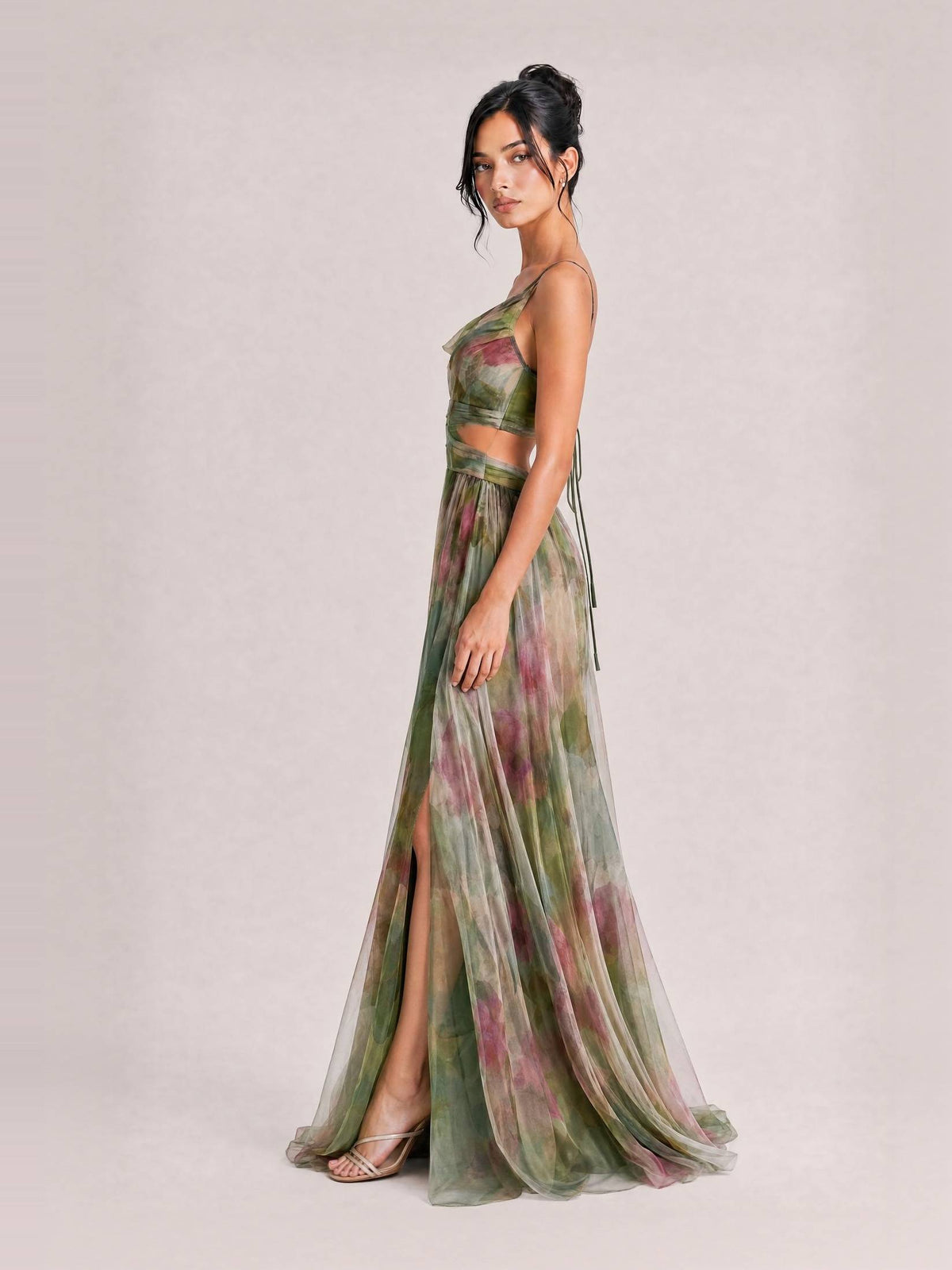 Elegant Painted Floral Print V-Neck A-Line Maxi Dress