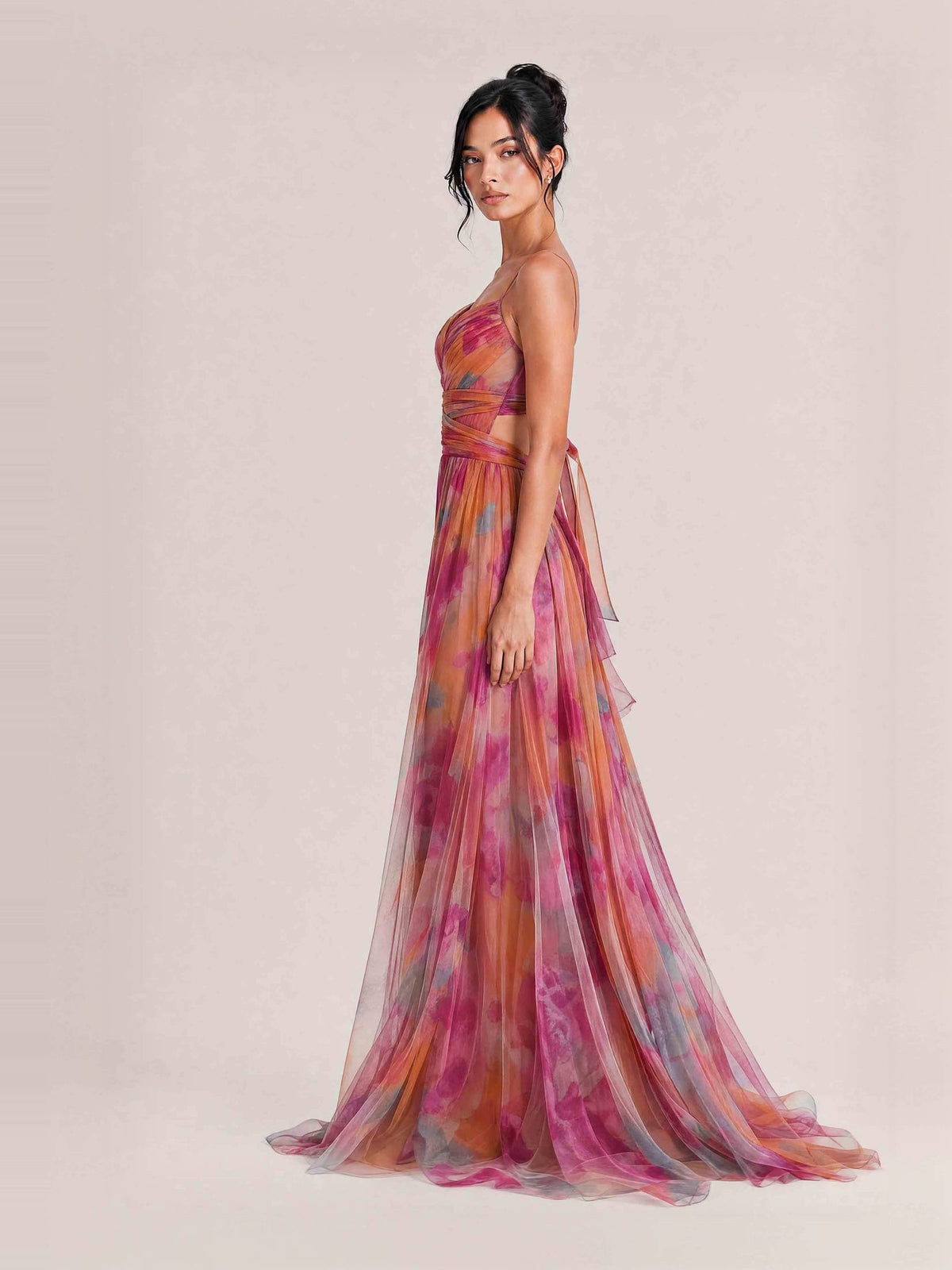 Elegant Painted Floral Print V-Neck A-Line Maxi Dress
