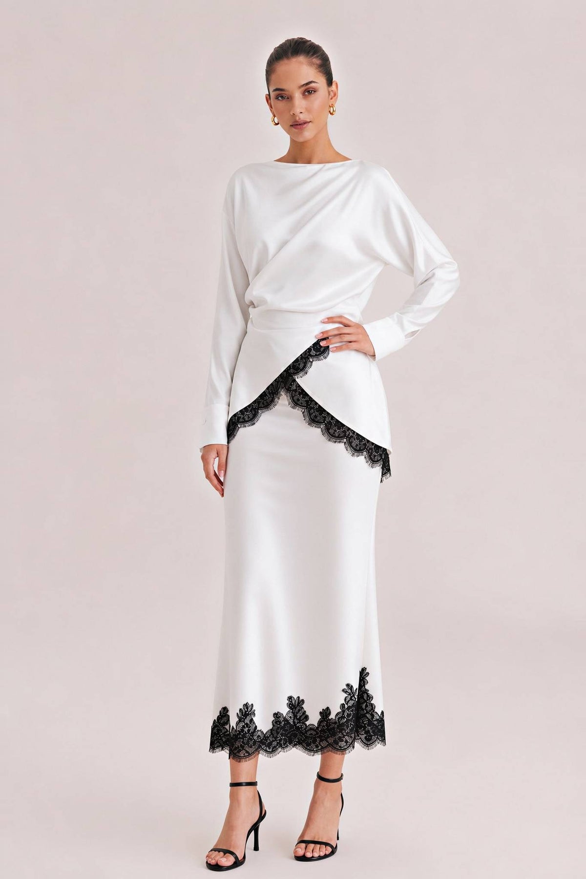 Elegant Satin Lace-trimmed Wrap Top Two-piece Set