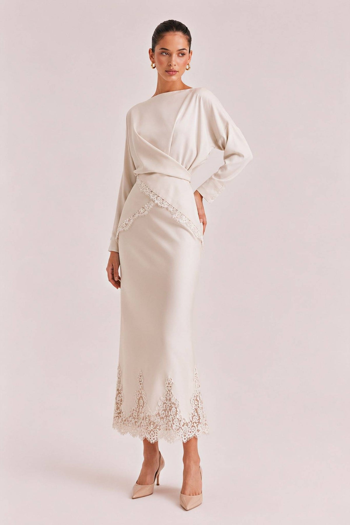 Elegant Satin Lace-trimmed Wrap Top Two-piece Set