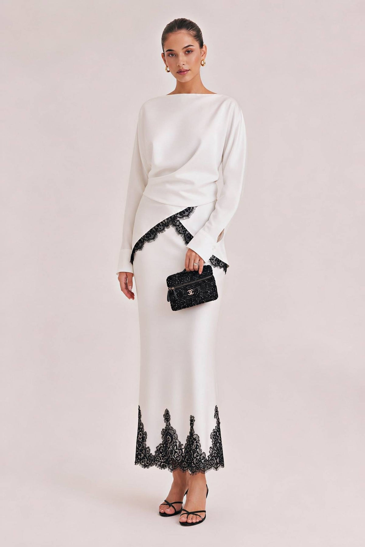 Elegant Satin Lace-trimmed Wrap Top Two-piece Set