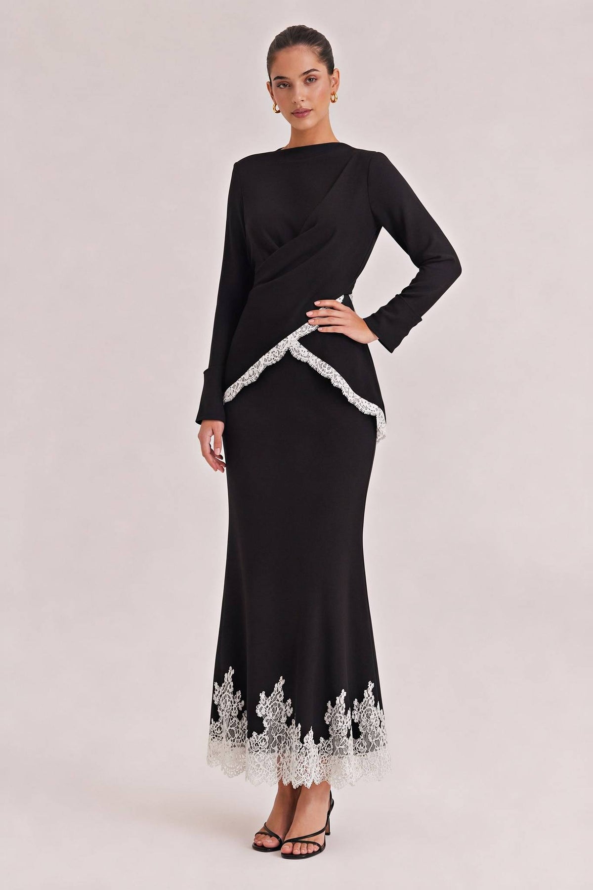 Elegant Satin Lace-trimmed Wrap Top Two-piece Set