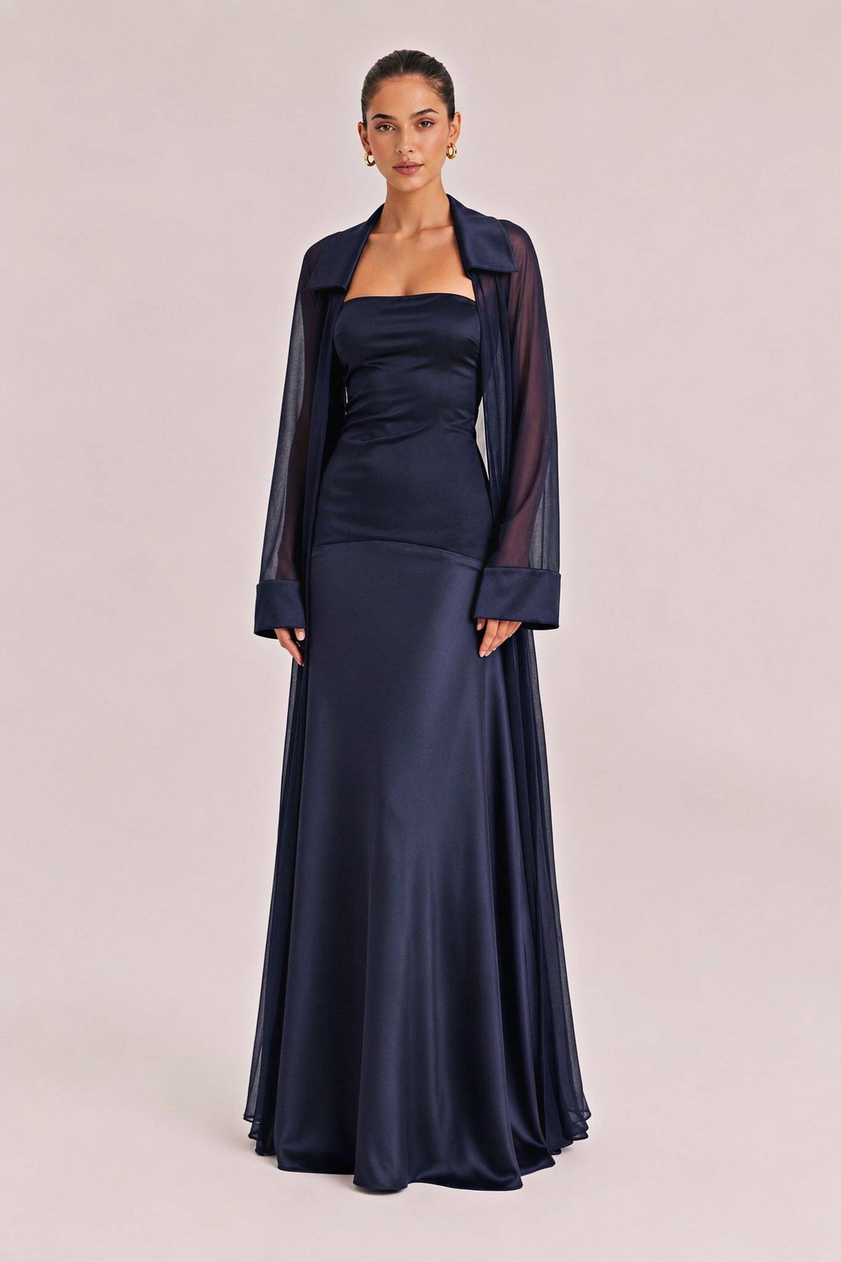 Elegant Satin Maxi Dress & Long Sheer Chiffon Cover-Up Two-Piece Set