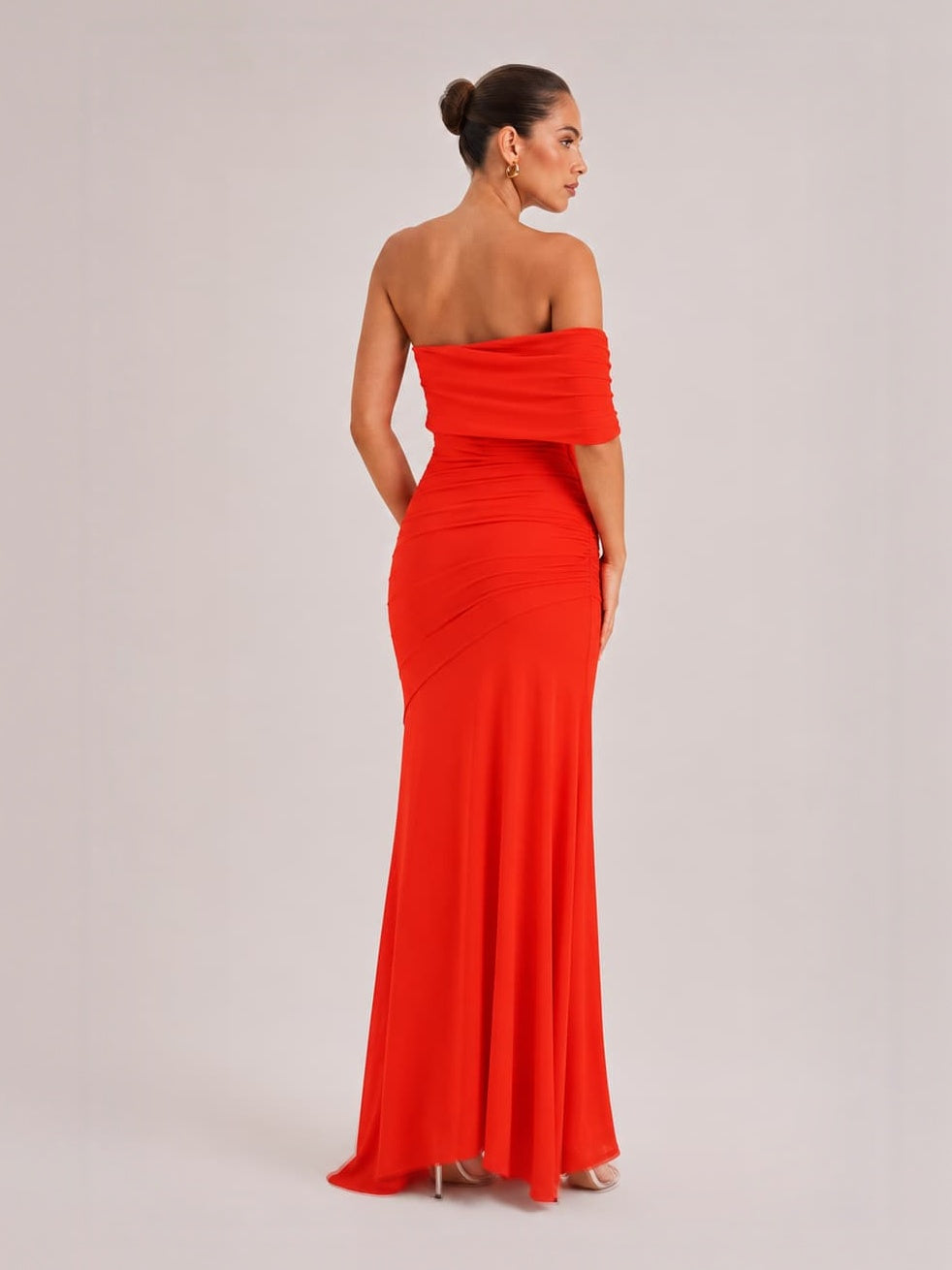 Elegance Effortless Mesh Off Shoulder Ruched Stretch Maxi Dress