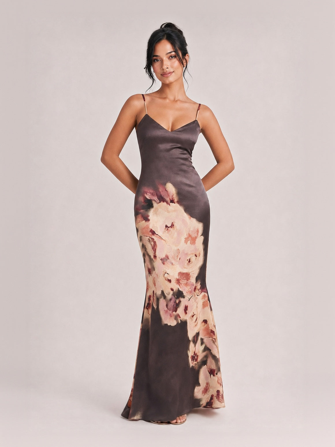 Sexy Dark Brown Rose Floral Print Maxi Dress