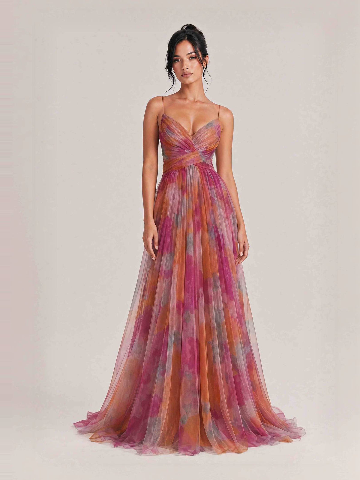Elegant Painted Floral Print V-Neck A-Line Maxi Dress