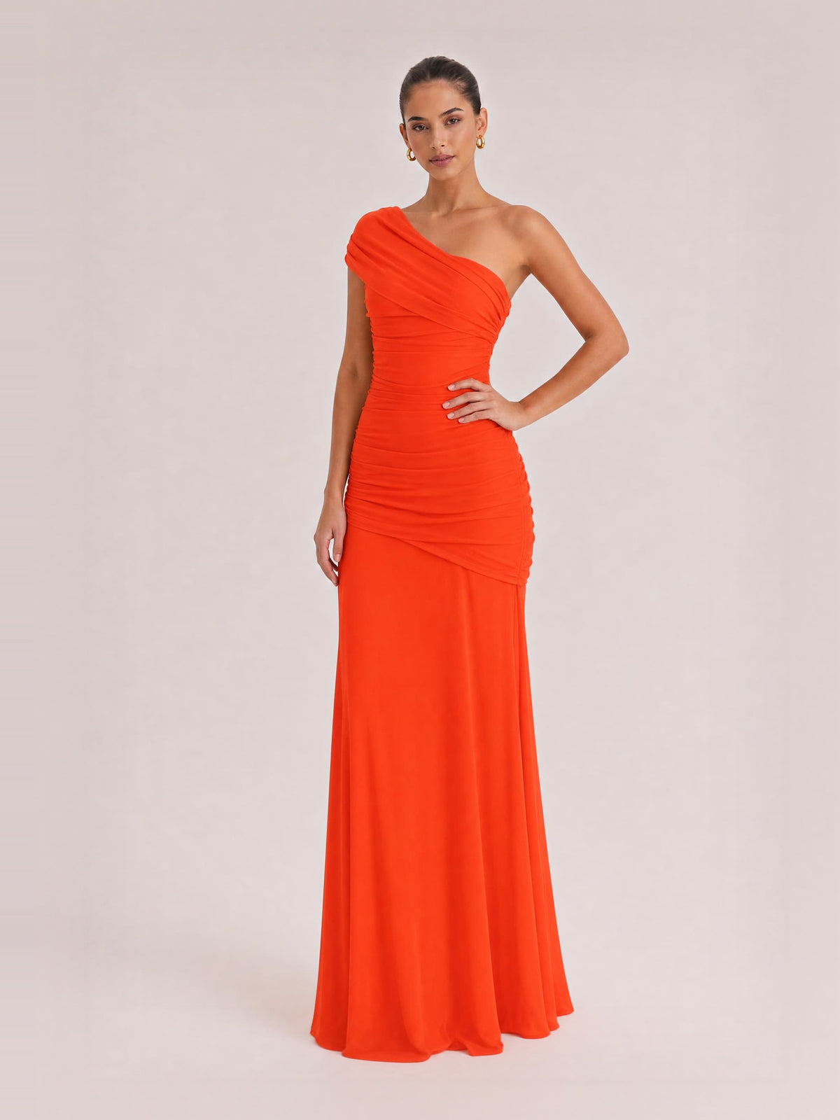 Elegance Effortless Mesh Off Shoulder Ruched Stretch Maxi Dress