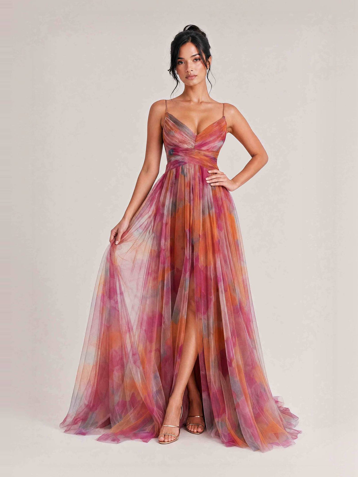 Elegant Painted Floral Print V-Neck A-Line Maxi Dress