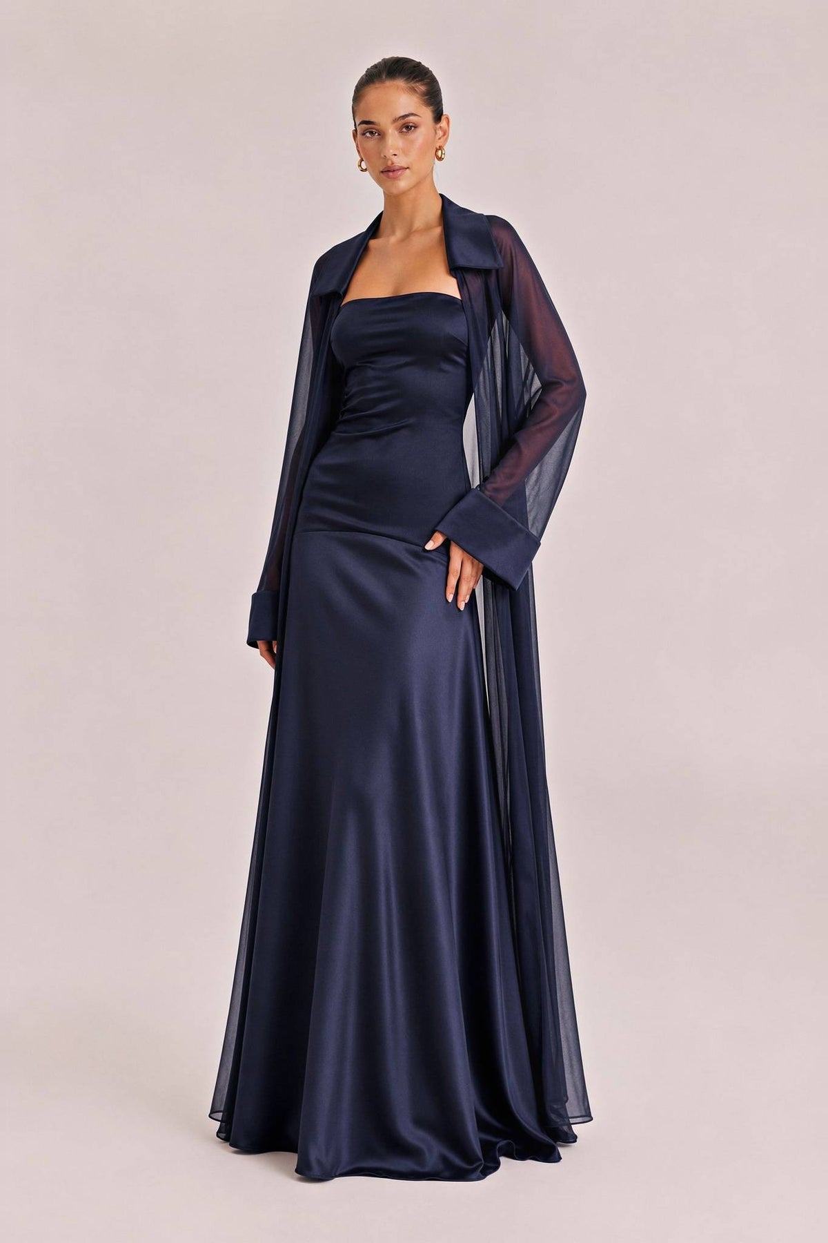 Elegant Satin Maxi Dress & Long Sheer Chiffon Cover-Up Two-Piece Set