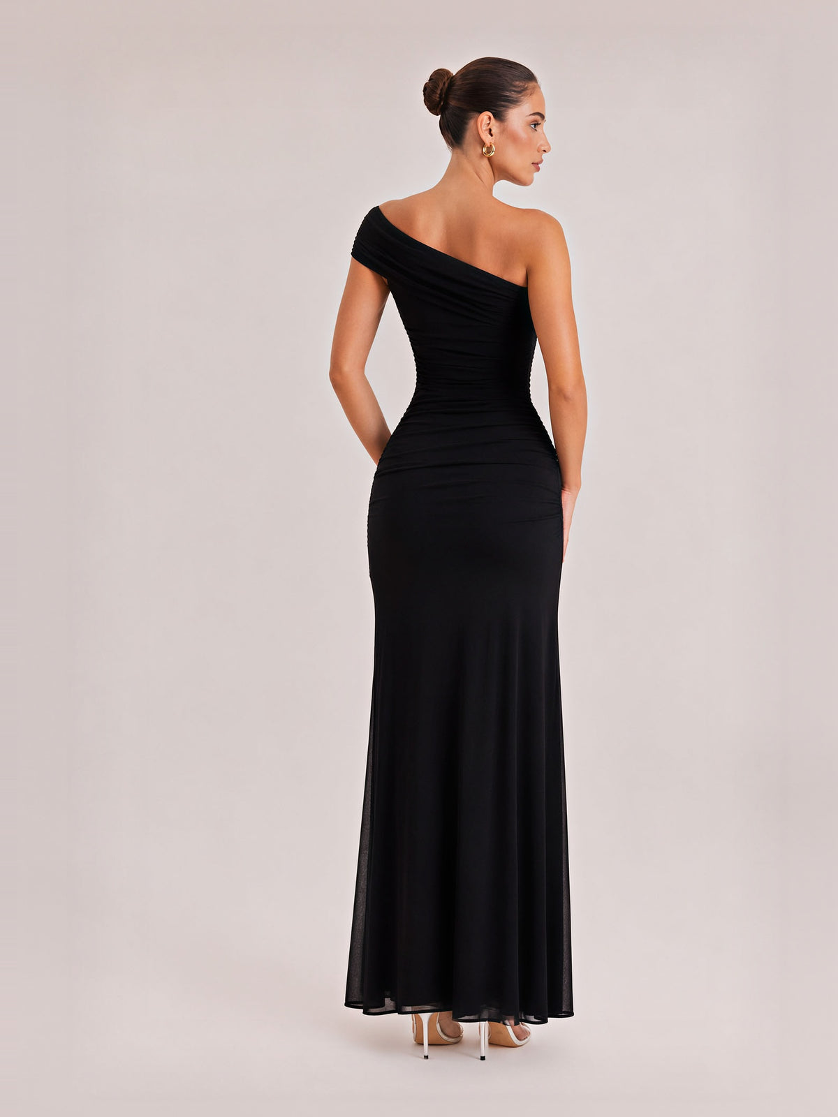 Elegance Effortless Mesh Off Shoulder Ruched Stretch Maxi Dress