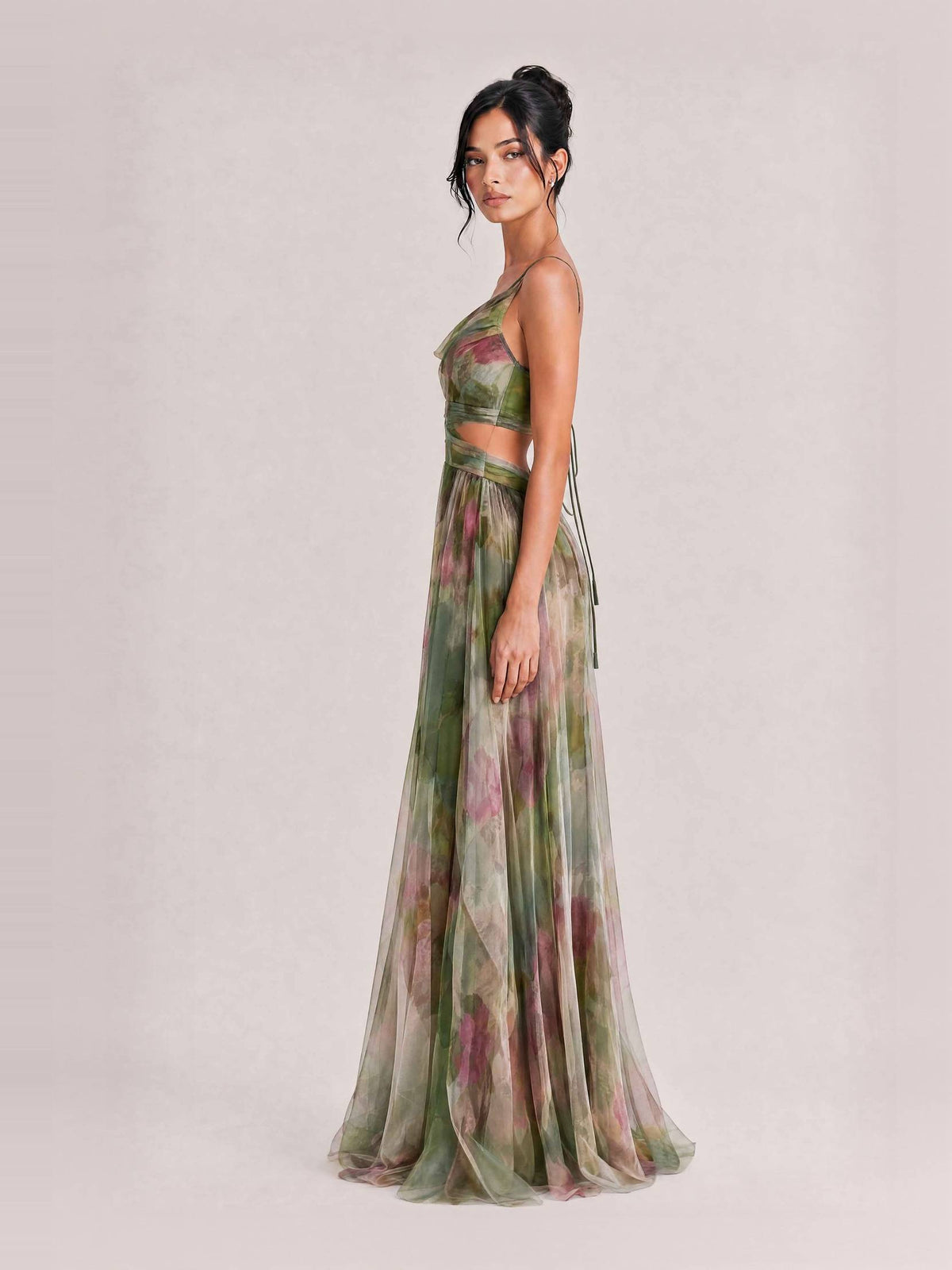 Elegant Painted Floral Print V-Neck A-Line Maxi Dress