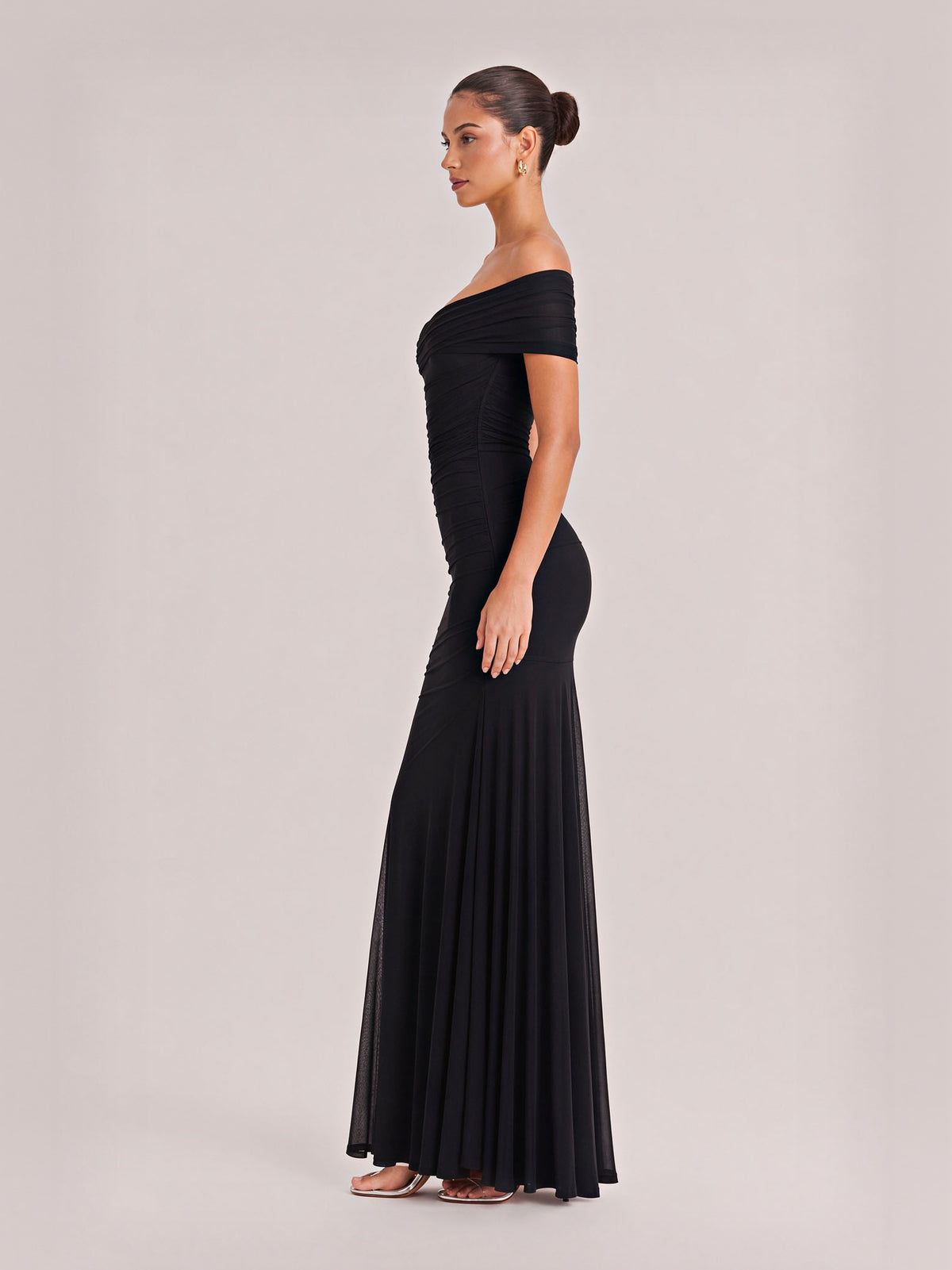 Elegance Effortless Mesh Off Shoulder Ruched Stretch Maxi Dress