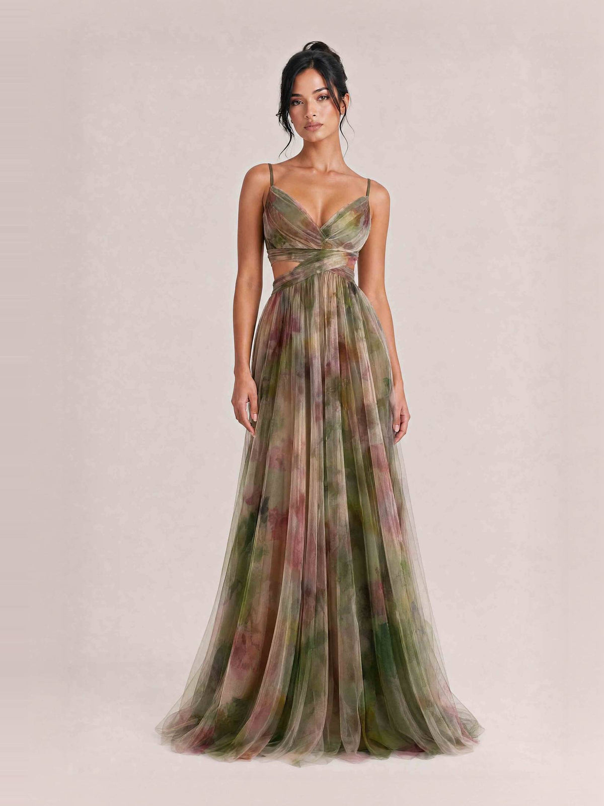 Elegant Painted Floral Print V-Neck A-Line Maxi Dress