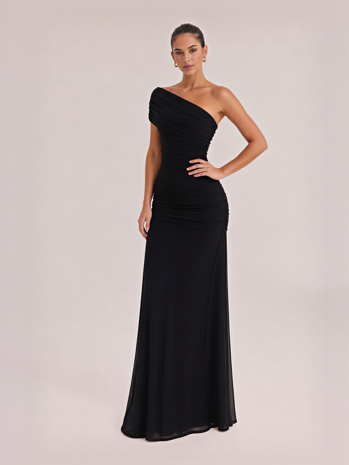 Elegance Effortless Mesh Off Shoulder Ruched Stretch Maxi Dress