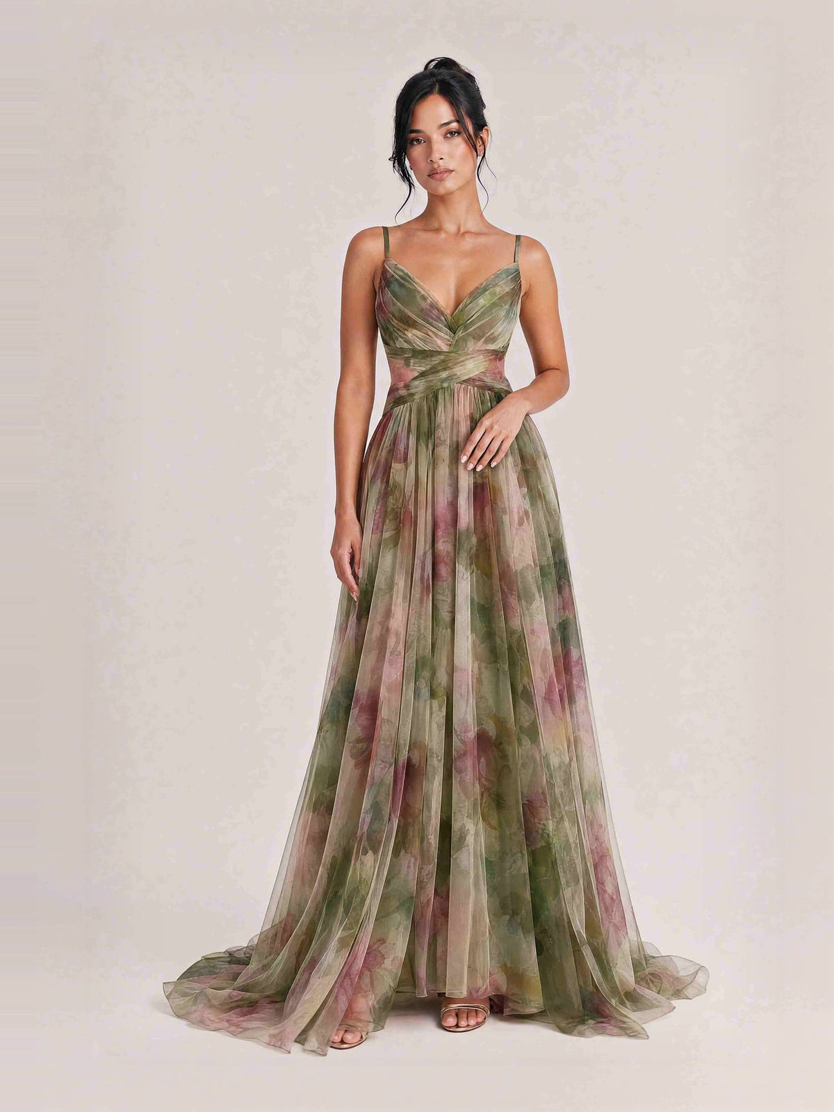 Elegant Painted Floral Print V-Neck A-Line Maxi Dress