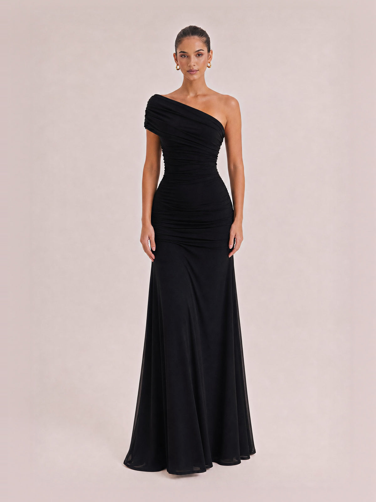 Elegance Effortless Mesh Off Shoulder Ruched Stretch Maxi Dress
