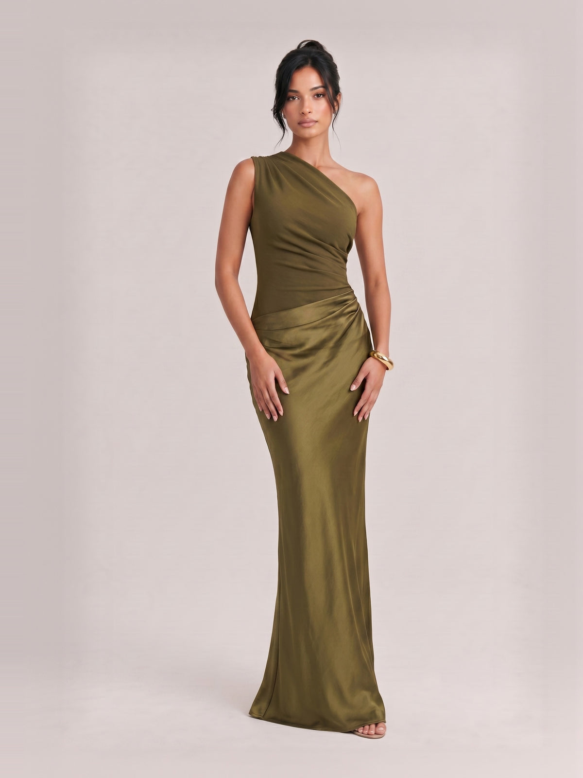 Elegant One Shoulder Neck Pleated Party Maxi Dress