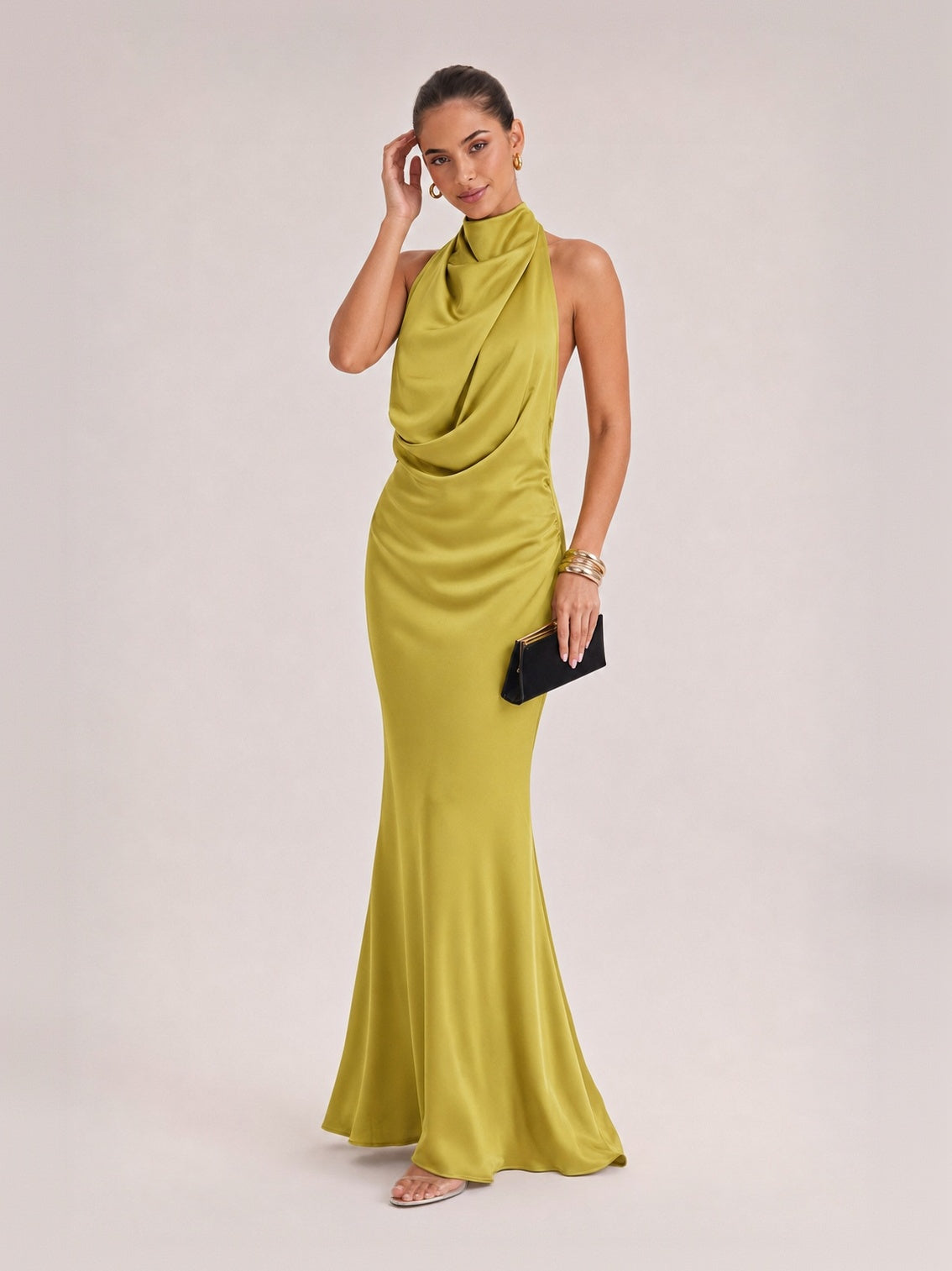 Elegant Draped Neckline Exquisite Satin Maxi Dress