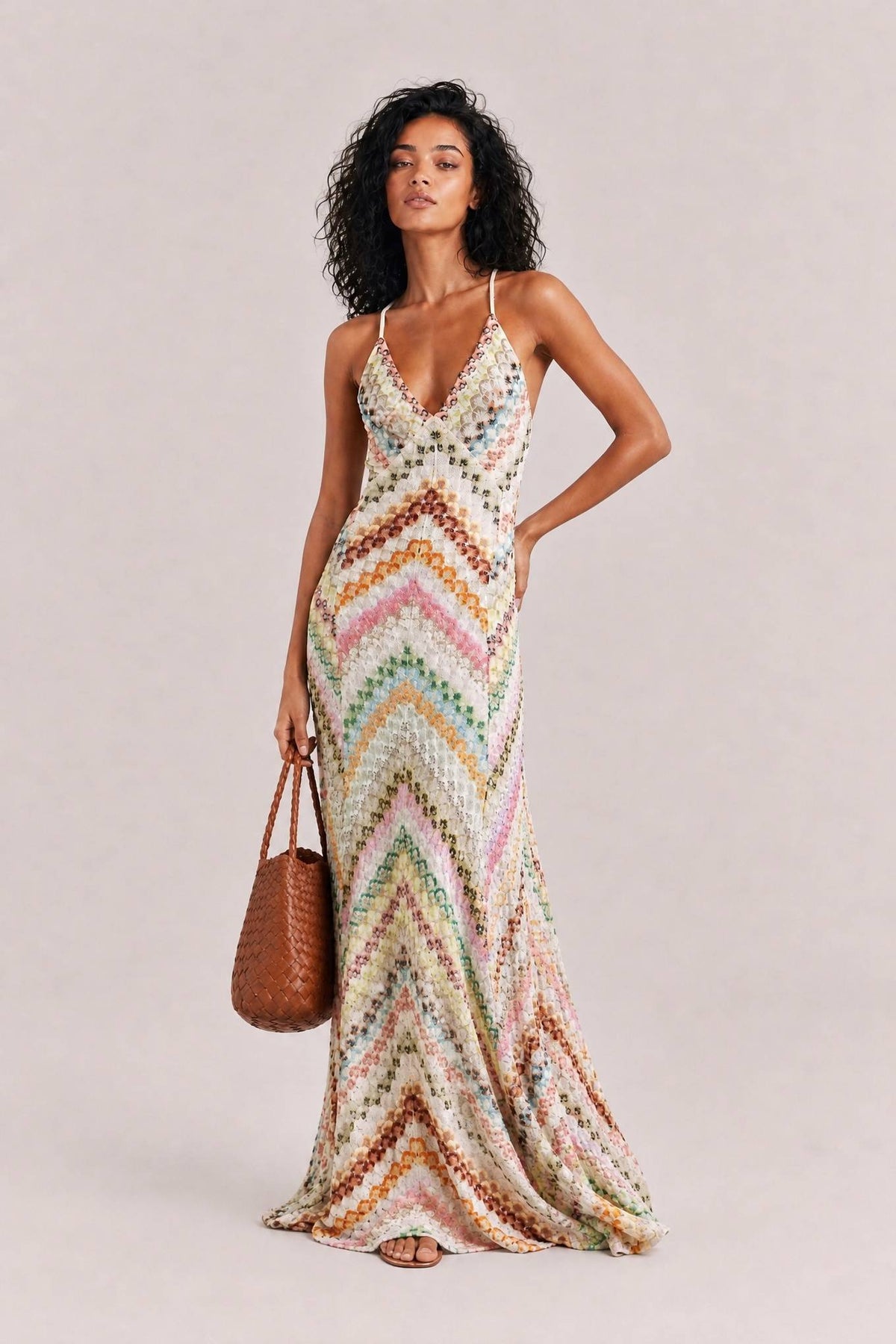 Unique Knit Colorful Herringbone Open Back Maxi Dress