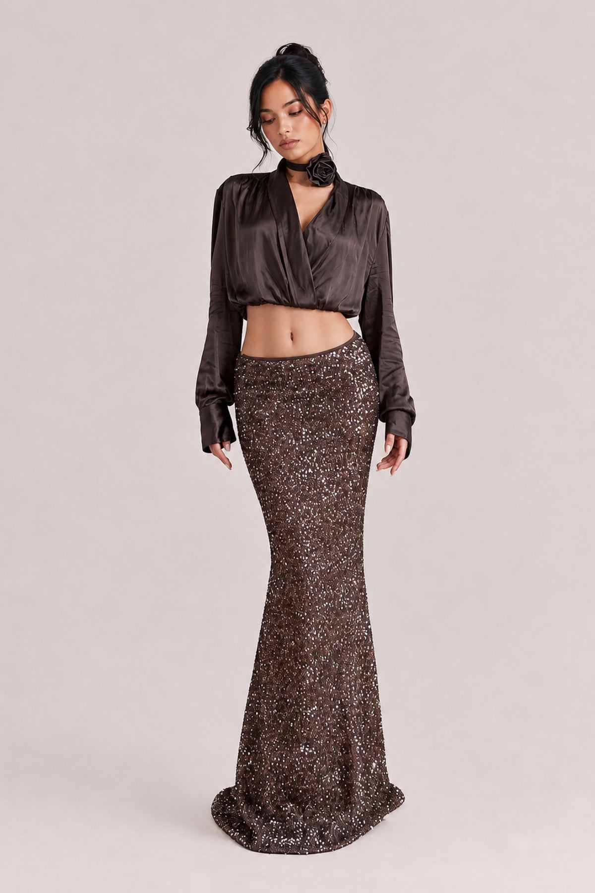 Vintage Charm Two-Piece: Satin Crop And Sequined Mermaid Dress