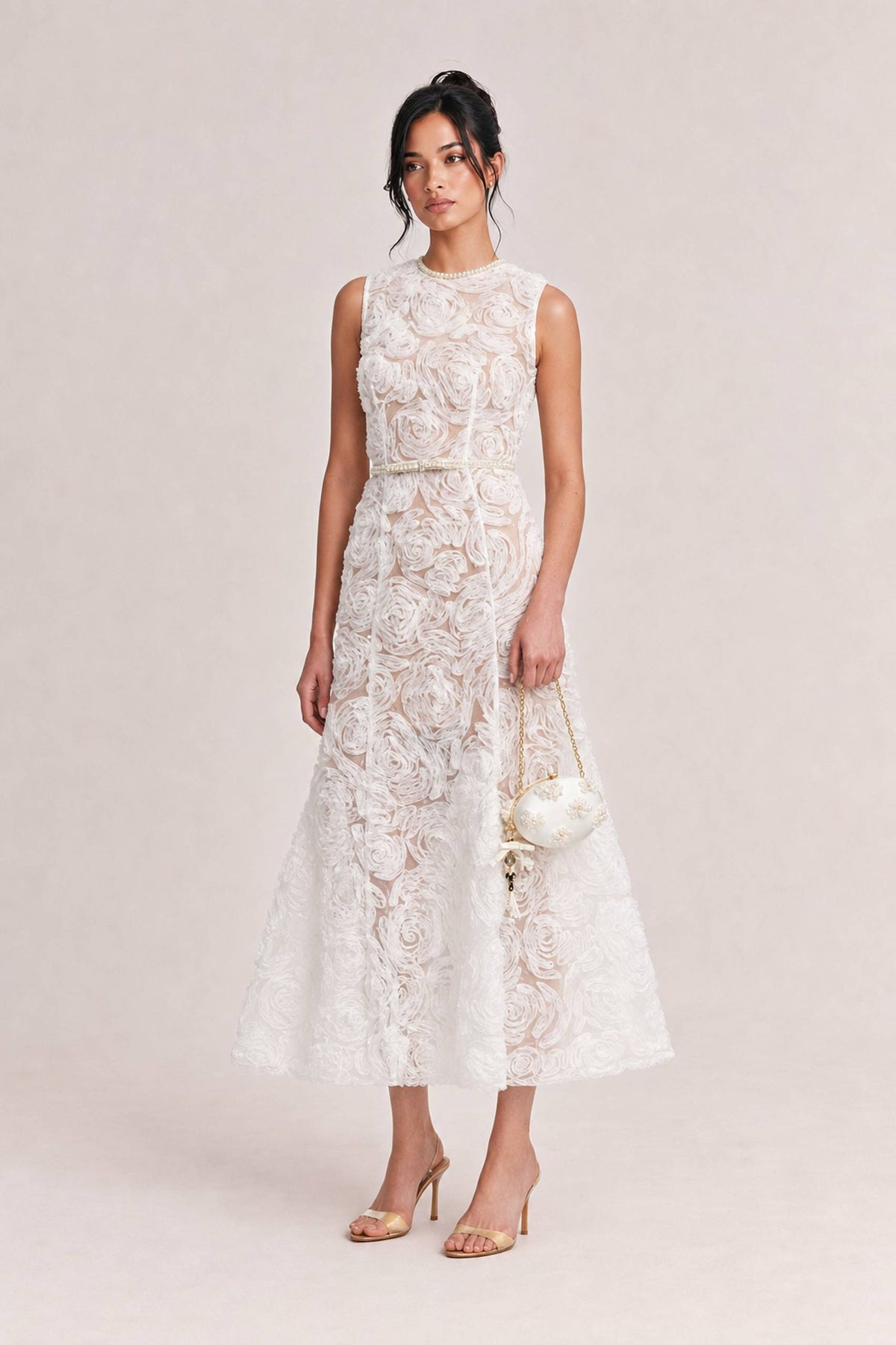 White Sleeveless Heavy-duty Lace Diamond Waist Dress
