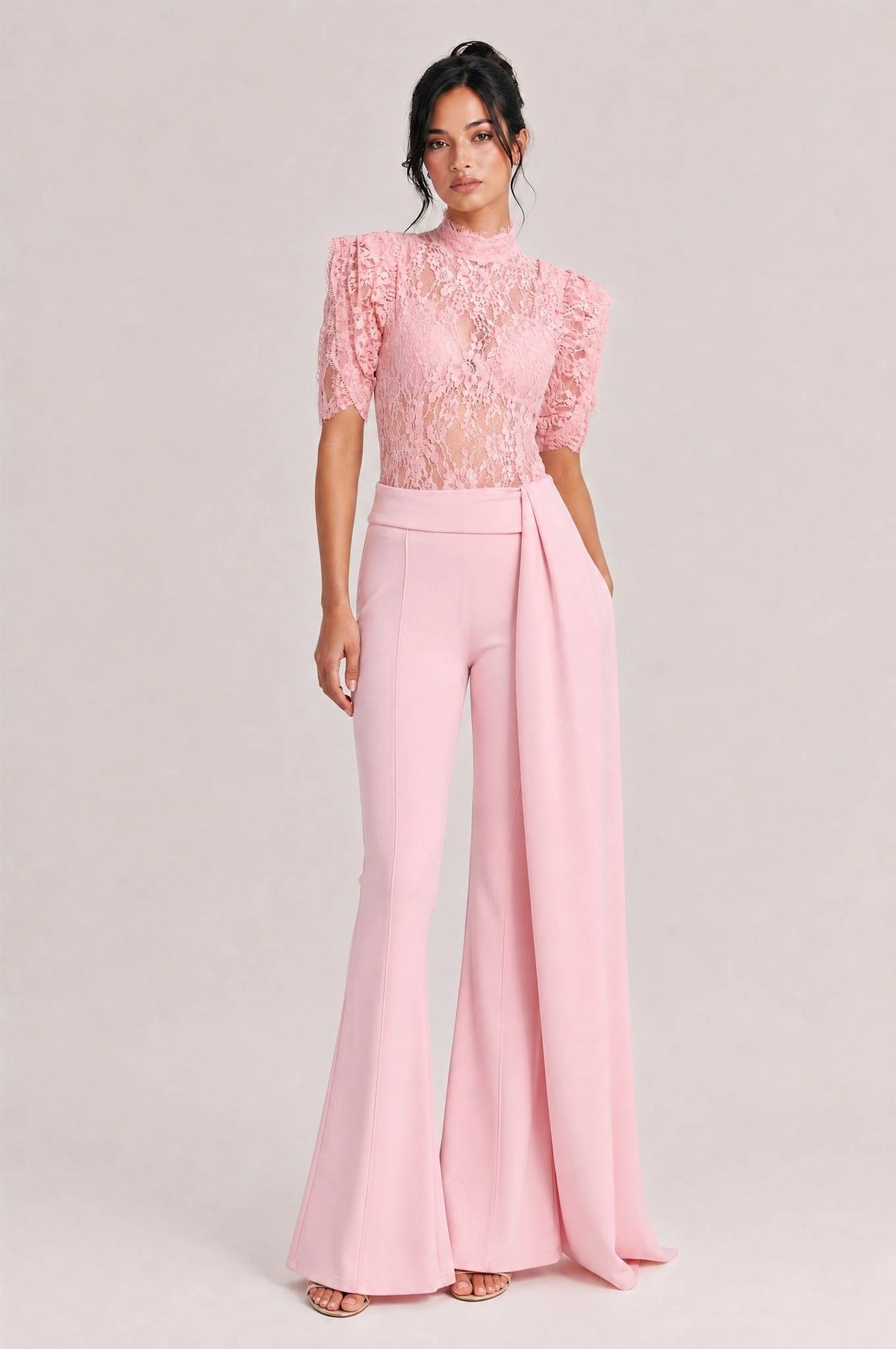 Elegant Lace High-Neck Top & Wide-Leg Pants Two-Piece Set