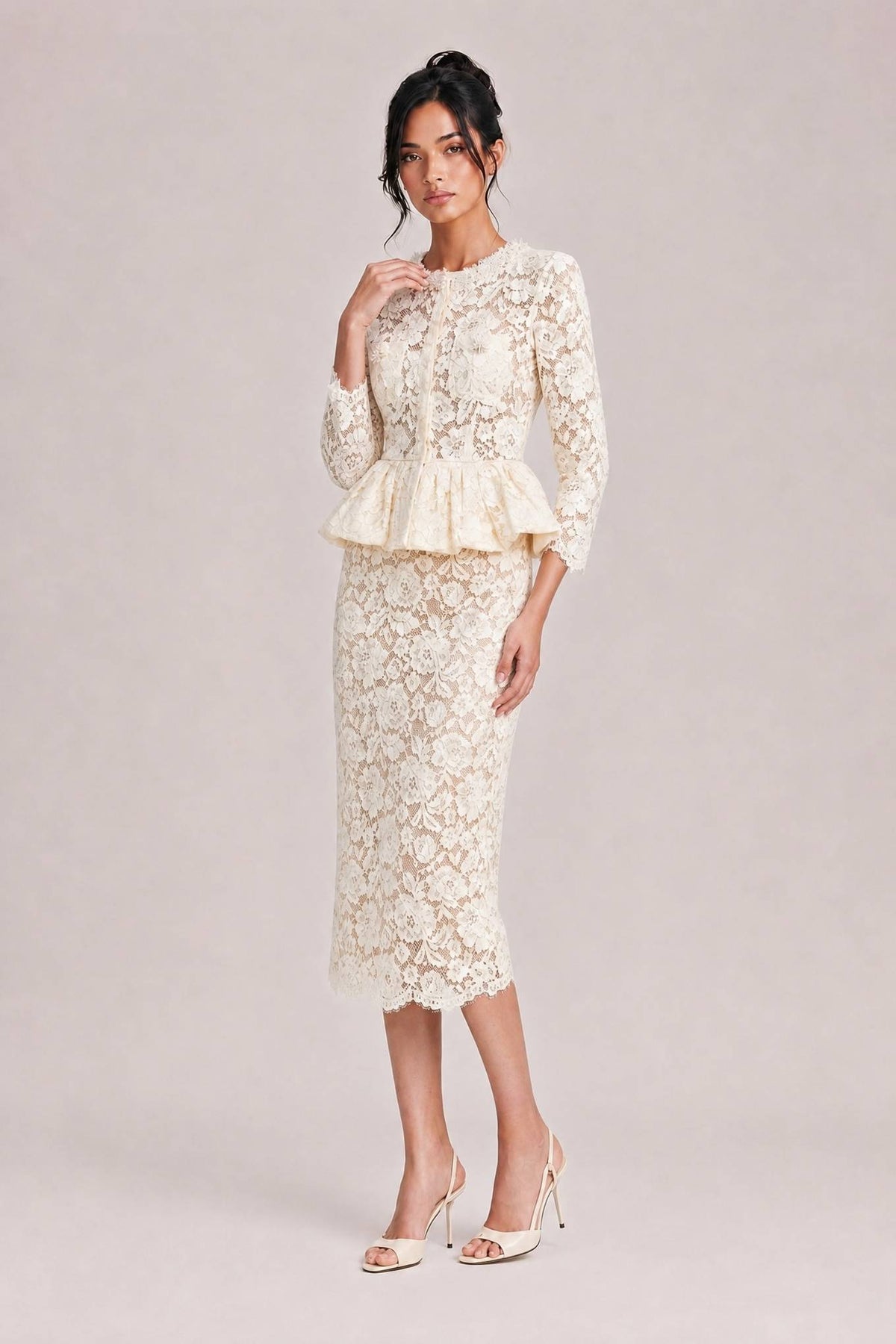 Vintage Floral Lace Set Pearl Crewneck Short Jacket Lace Pencil Dress