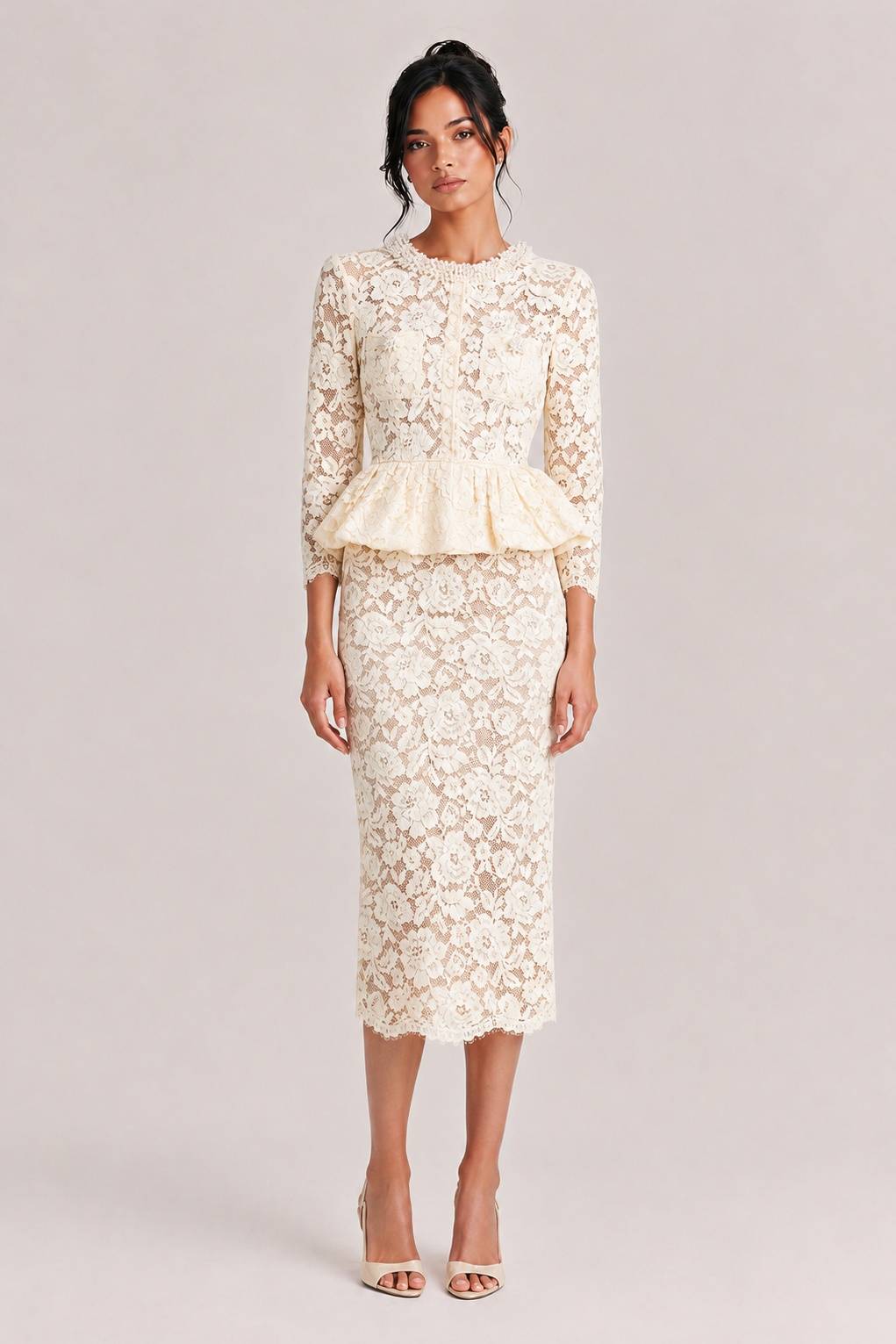 Vintage Floral Lace Set Pearl Crewneck Short Jacket Lace Pencil Dress