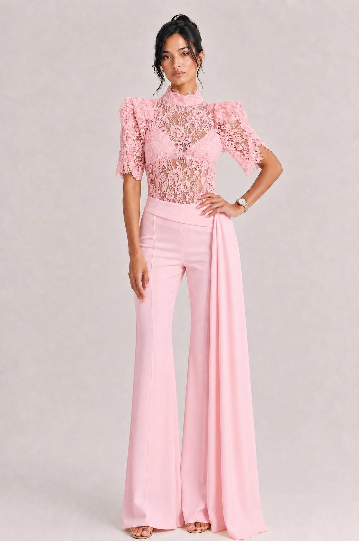 Elegant Lace High-Neck Top & Wide-Leg Pants Two-Piece Set