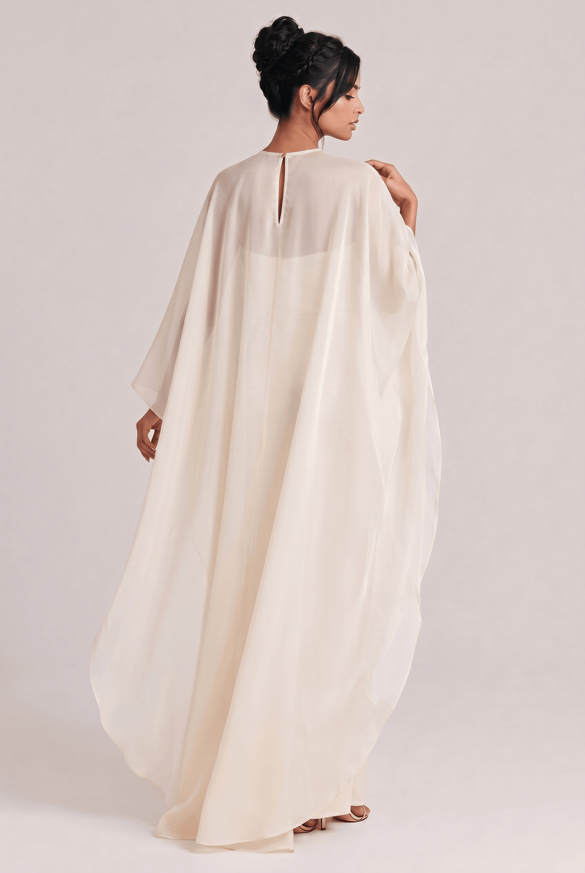 Elegant Sheer Cape Overlay Satin Maxi Dress