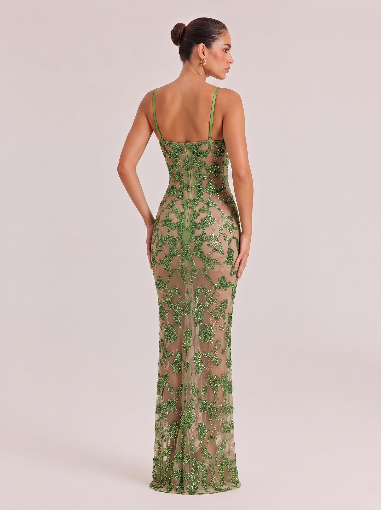 Thin Shoulder Strap Green Sequin See-Through Lace Slim Fishtail Holiday Dress