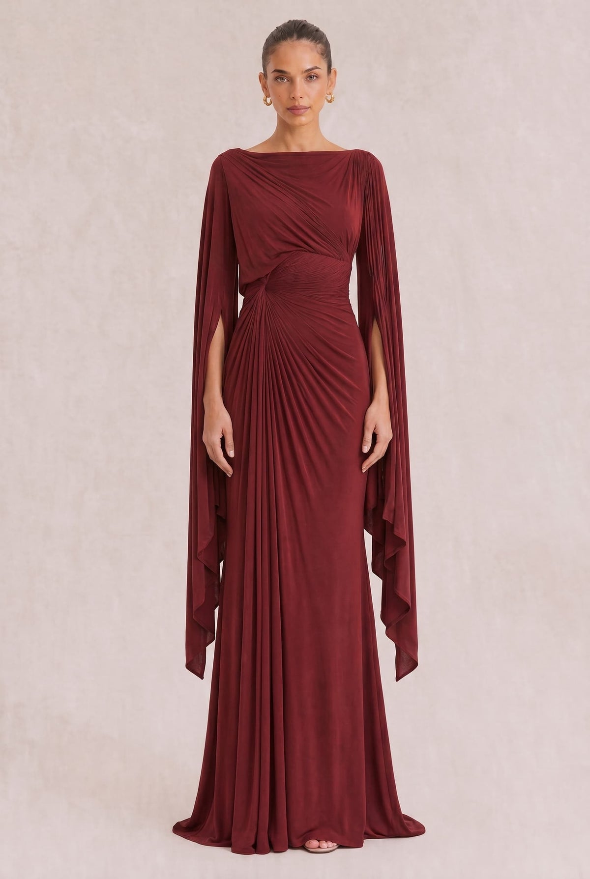 Boat Neck Pleated Slim Fit Maxi Dress