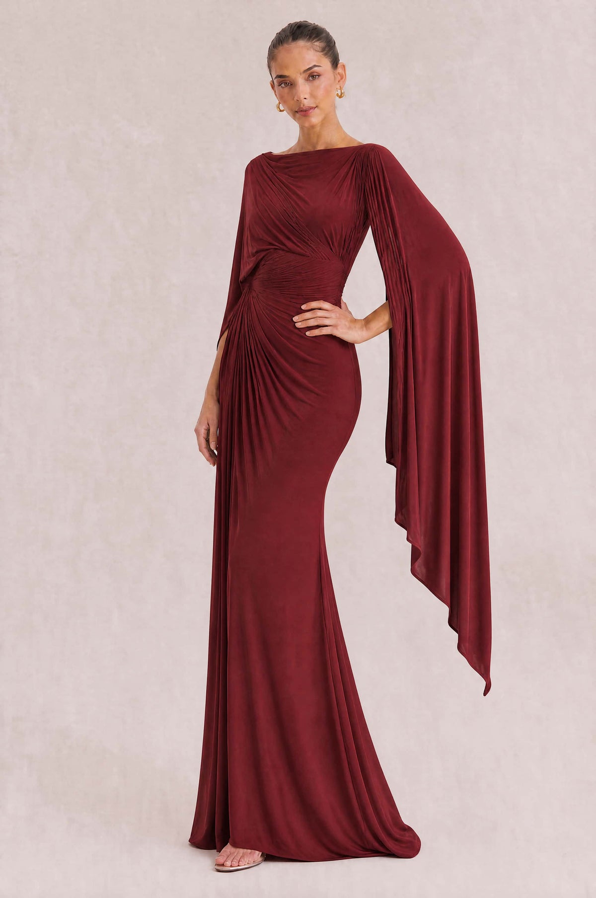 Boat Neck Pleated Slim Fit Maxi Dress