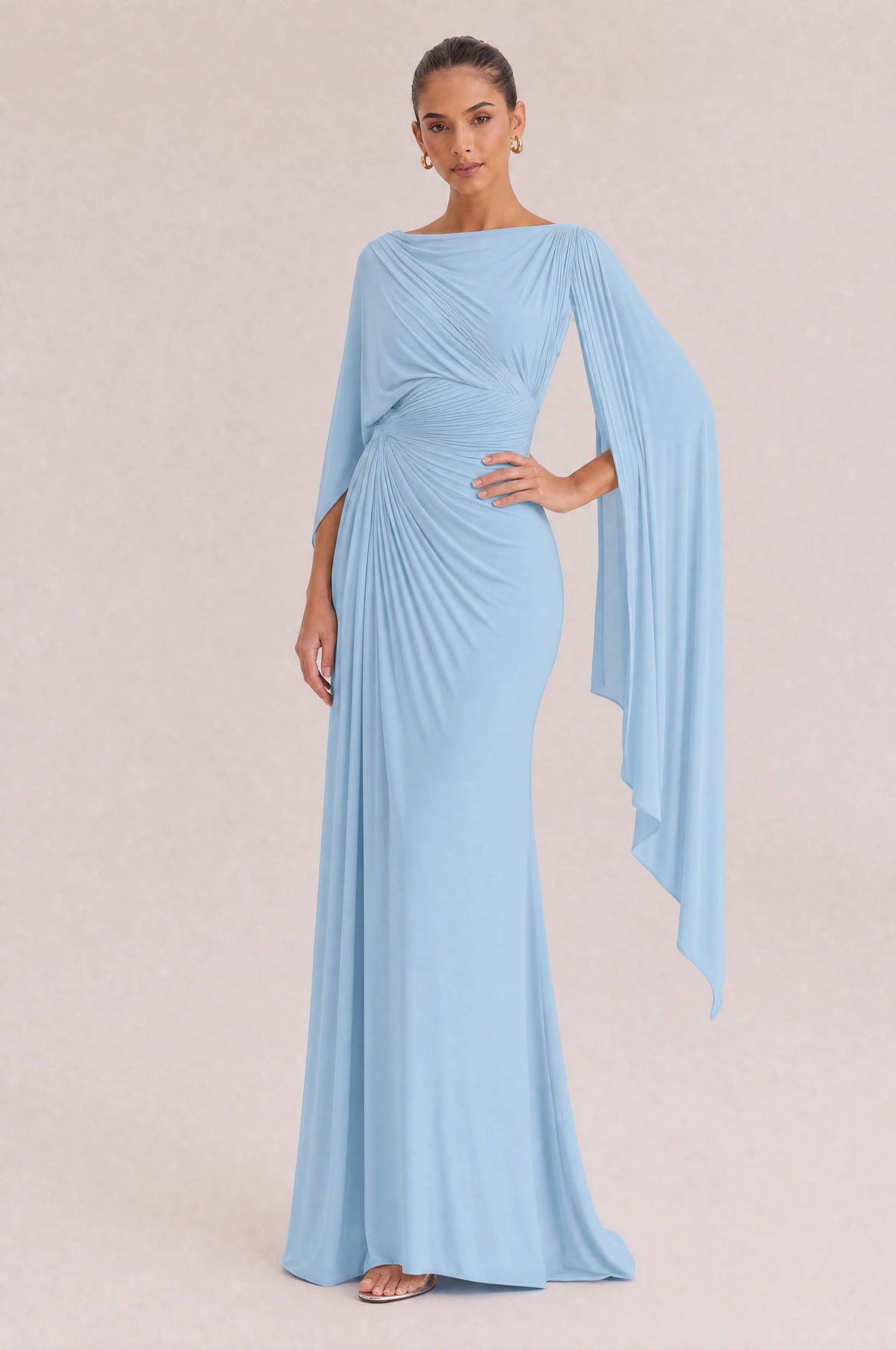 Boat Neck Pleated Slim Fit Maxi Dress