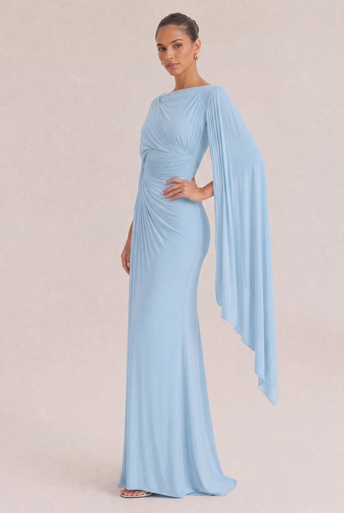Boat Neck Pleated Slim Fit Maxi Dress
