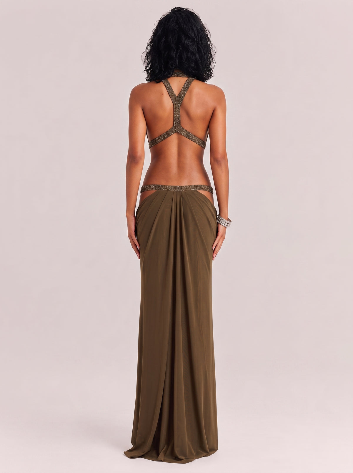 Brown Hanging Neck With Diamond Multi-Hollow Hanging Mesh Yarn Long Dress