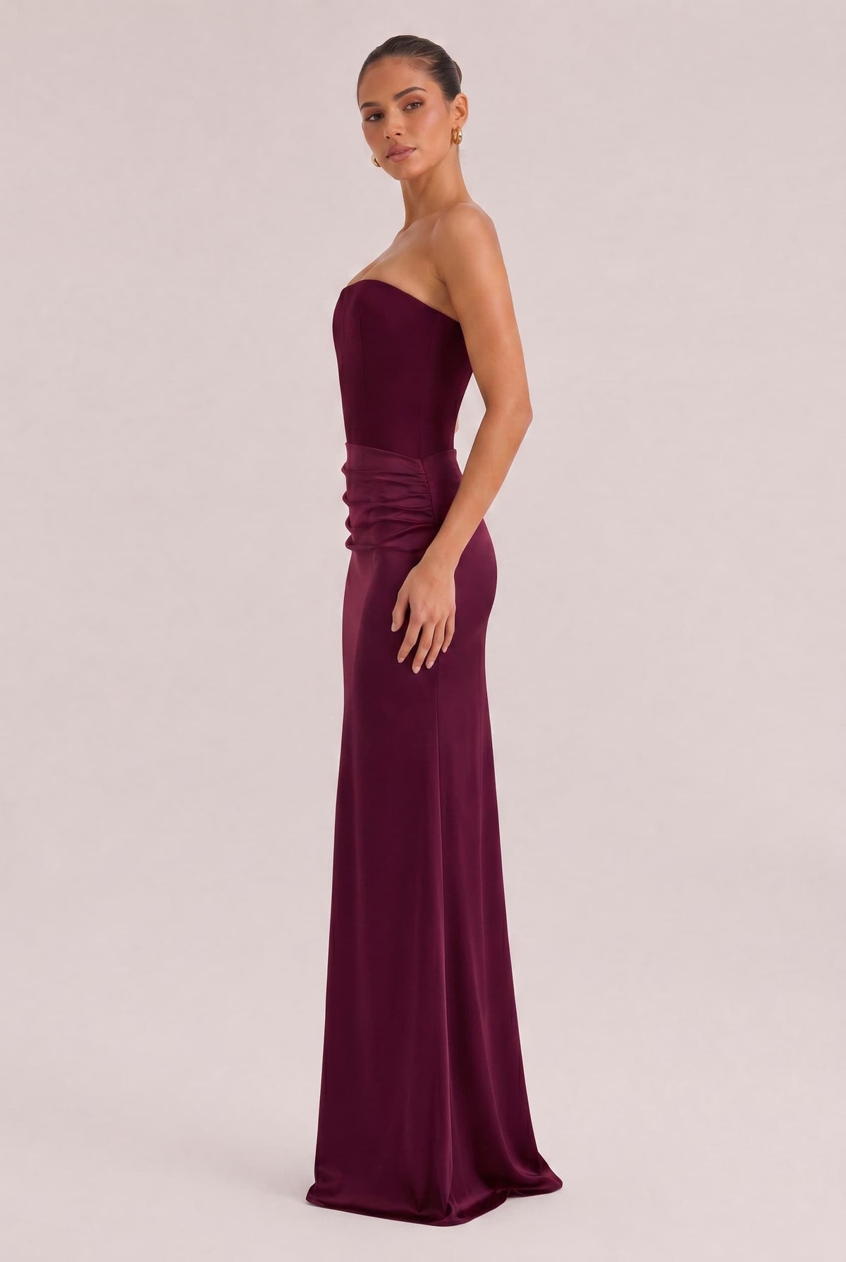Elegant Strapless Draped Satin Maxi Dress