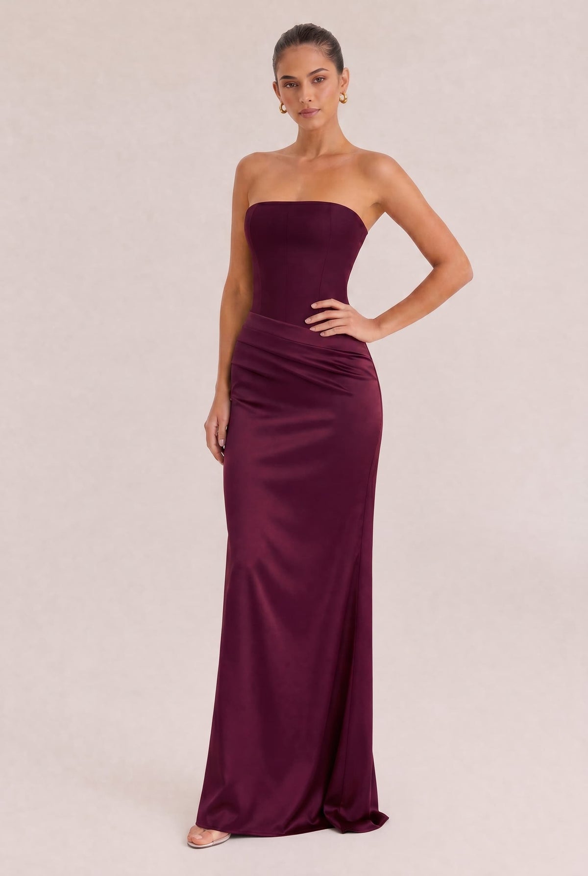 Elegant Strapless Draped Satin Maxi Dress