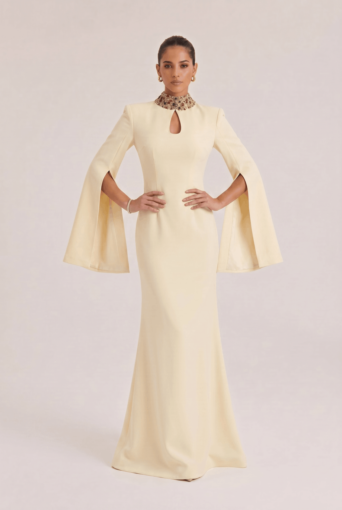 Vertical Collar Beaded And Diamond Split Dress