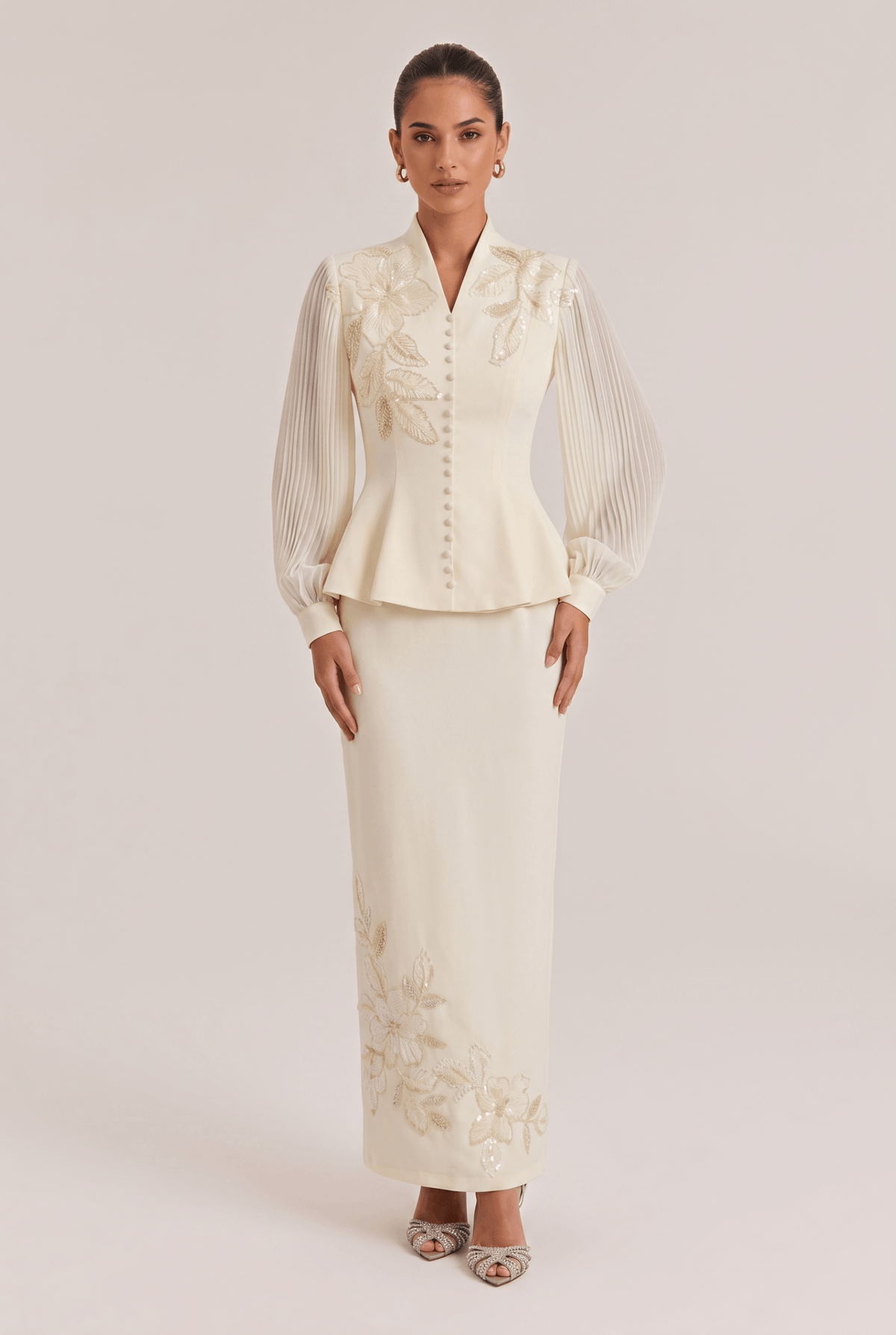 Embroidered Beaded Flower Trim French Elegant Slim Two-Piece Dress Set